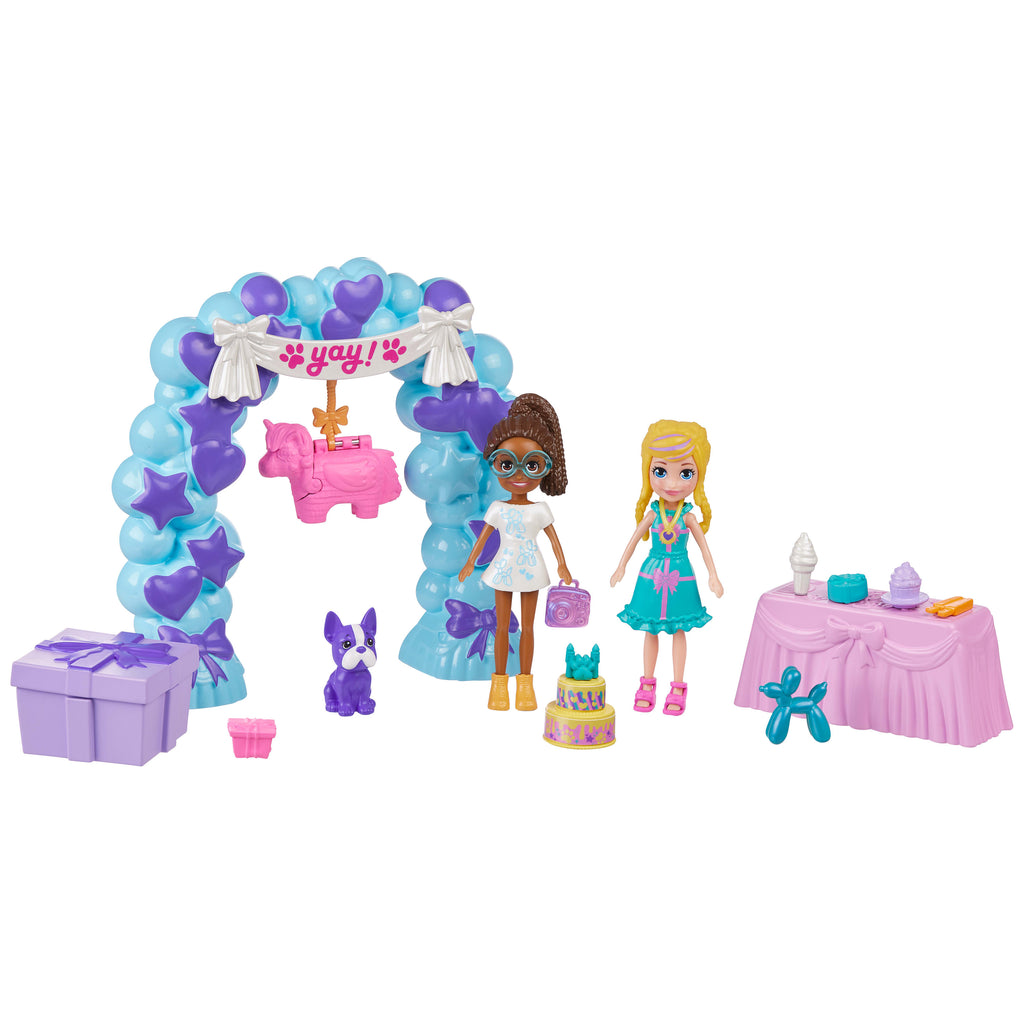 Polly Pocket Doğum Günü Partisi Paketi, bebek ve evcil hayvan oyun seti, moda ve yiyecek temalı aksesuarlar, seyahat oyuncağı