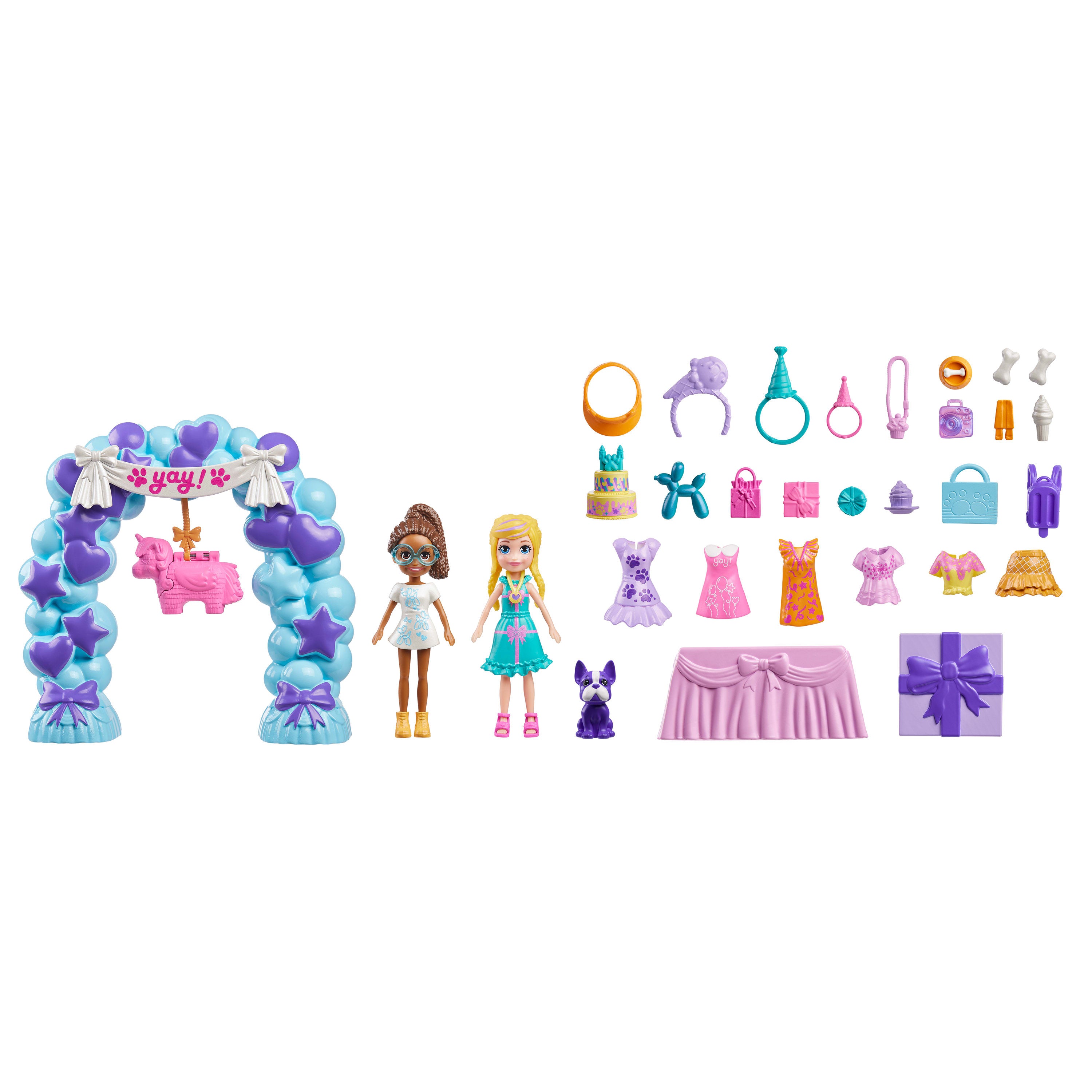 Polly Pocket Doğum Günü Partisi Paketi, bebek ve evcil hayvan oyun seti, moda ve yiyecek temalı aksesuarlar, seyahat oyuncağı