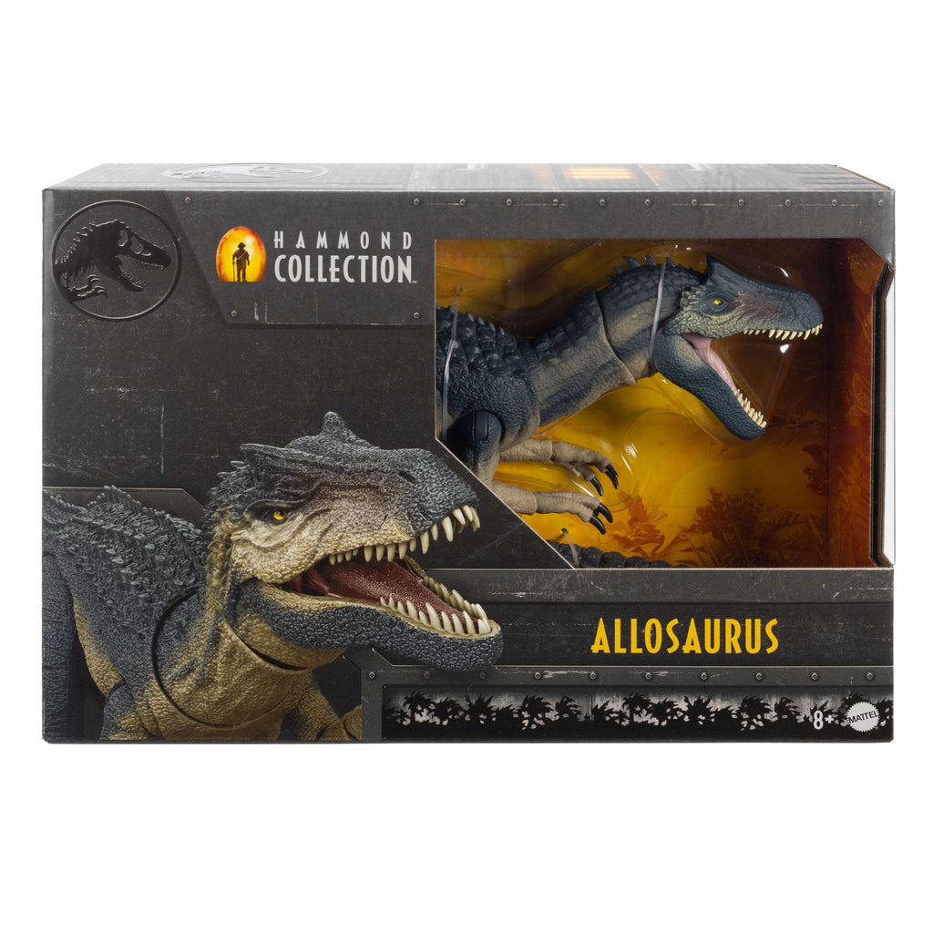 Cam gözleri ve bükülebilir kuyruğu olan Jurassic World Hammond Koleksiyonu Allosaurus dinozor aksiyon figürü