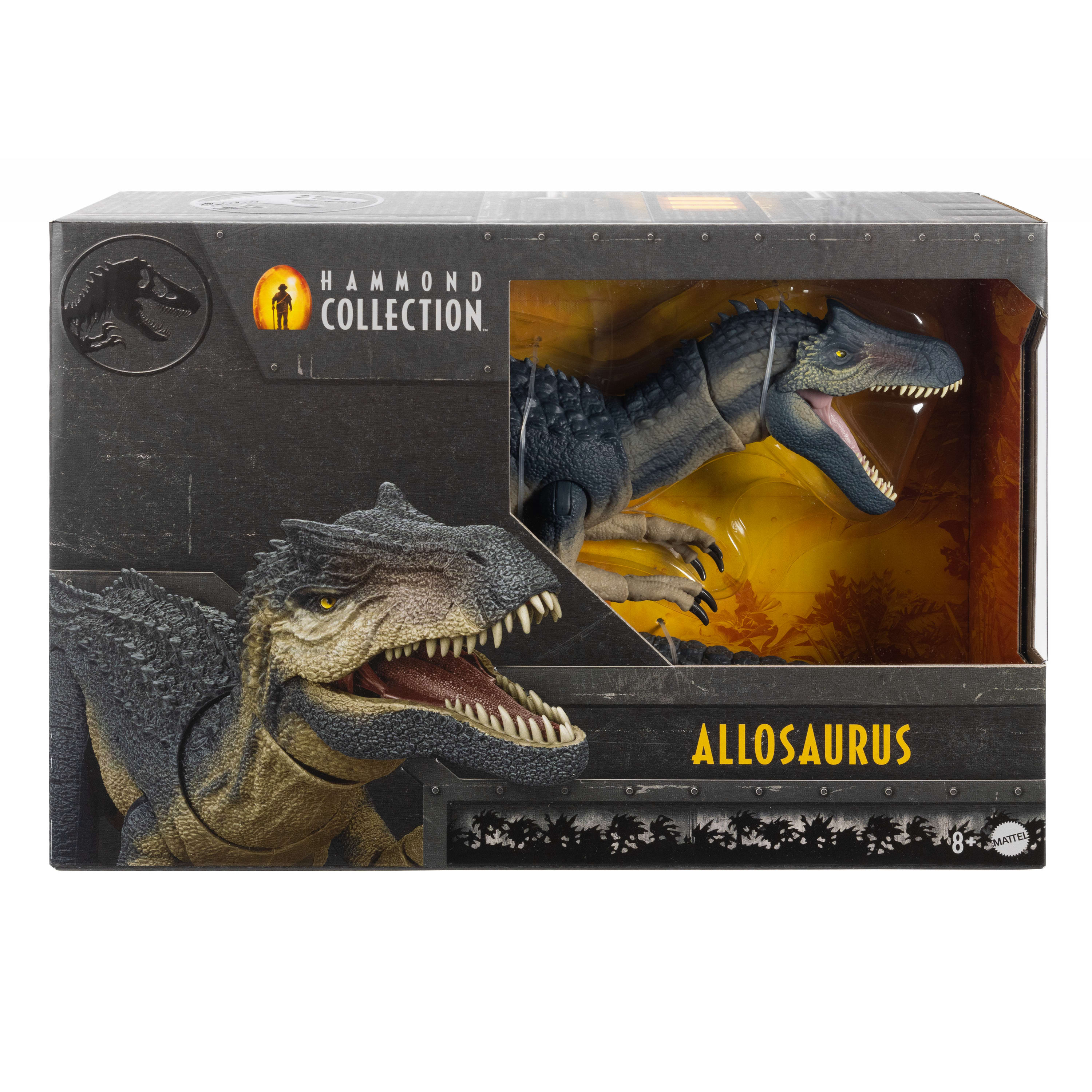 Cam gözleri ve bükülebilir kuyruğu olan Jurassic World Hammond Koleksiyonu Allosaurus dinozor aksiyon figürü