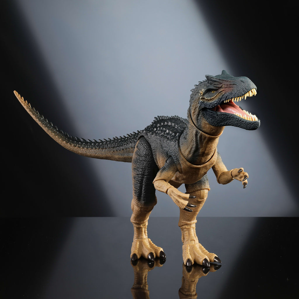 Cam gözleri ve bükülebilir kuyruğu olan Jurassic World Hammond Koleksiyonu Allosaurus dinozor aksiyon figürü