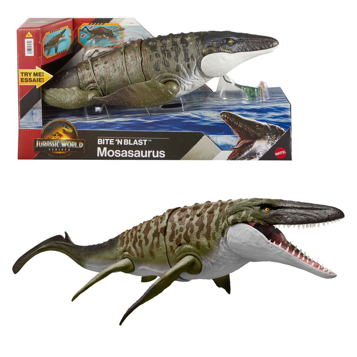Jurassic World Rebirth Mosasaurus aksiyon figürü ve mini Dilophosaurus, dinozor oyuncağı