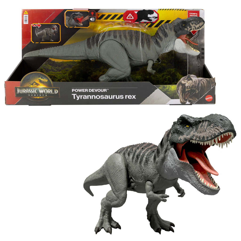 Isırma hareketi yapan ışıklı ve sesli Jurassic World Rebirth Tyrannosaurus Rex dinozor figürü