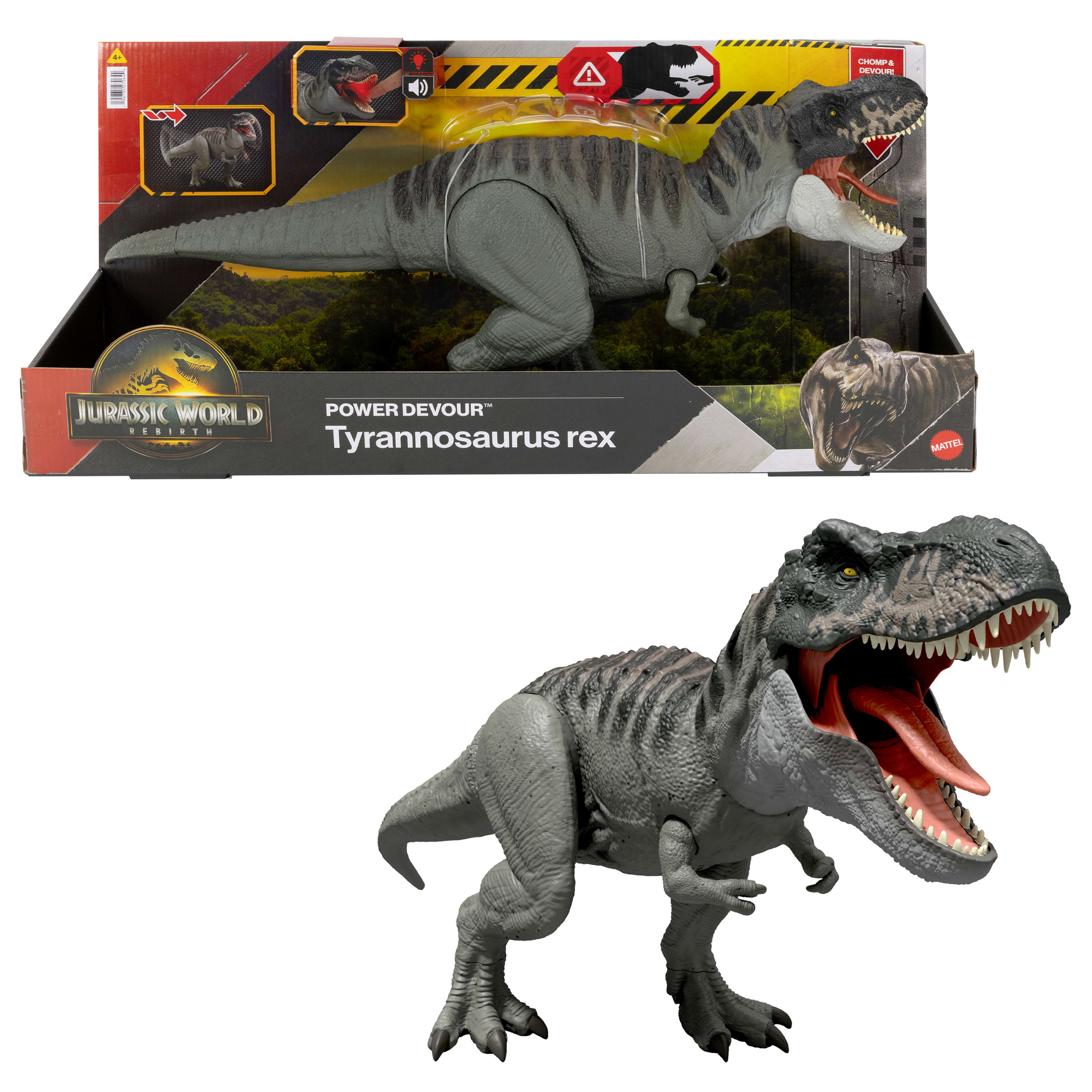 Isırma hareketi yapan ışıklı ve sesli Jurassic World Rebirth Tyrannosaurus Rex dinozor figürü