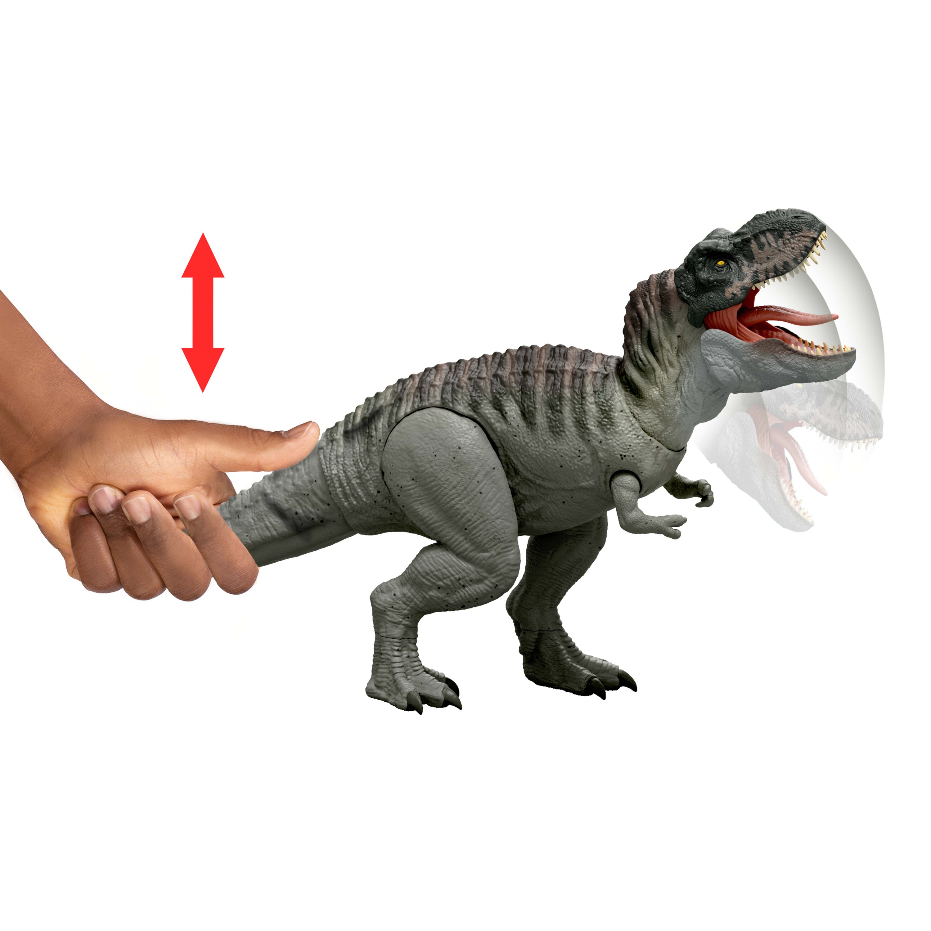 Isırma hareketi yapan ışıklı ve sesli Jurassic World Rebirth Tyrannosaurus Rex dinozor figürü