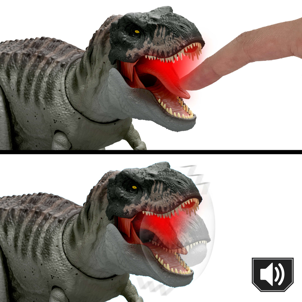 Isırma hareketi yapan ışıklı ve sesli Jurassic World Rebirth Tyrannosaurus Rex dinozor figürü
