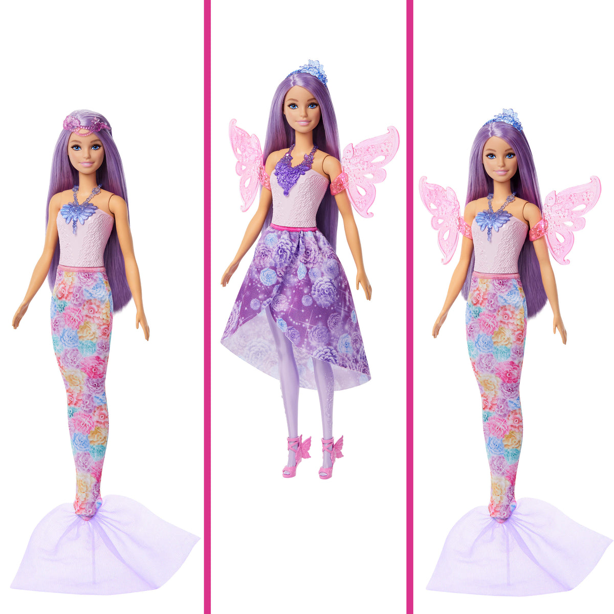 Barbie Büyüleyici Kıyafet Koleksiyonu bebek ile deniz kızı kuyruğu, peri kanatları ve kolyeler gibi aksesuarlar
