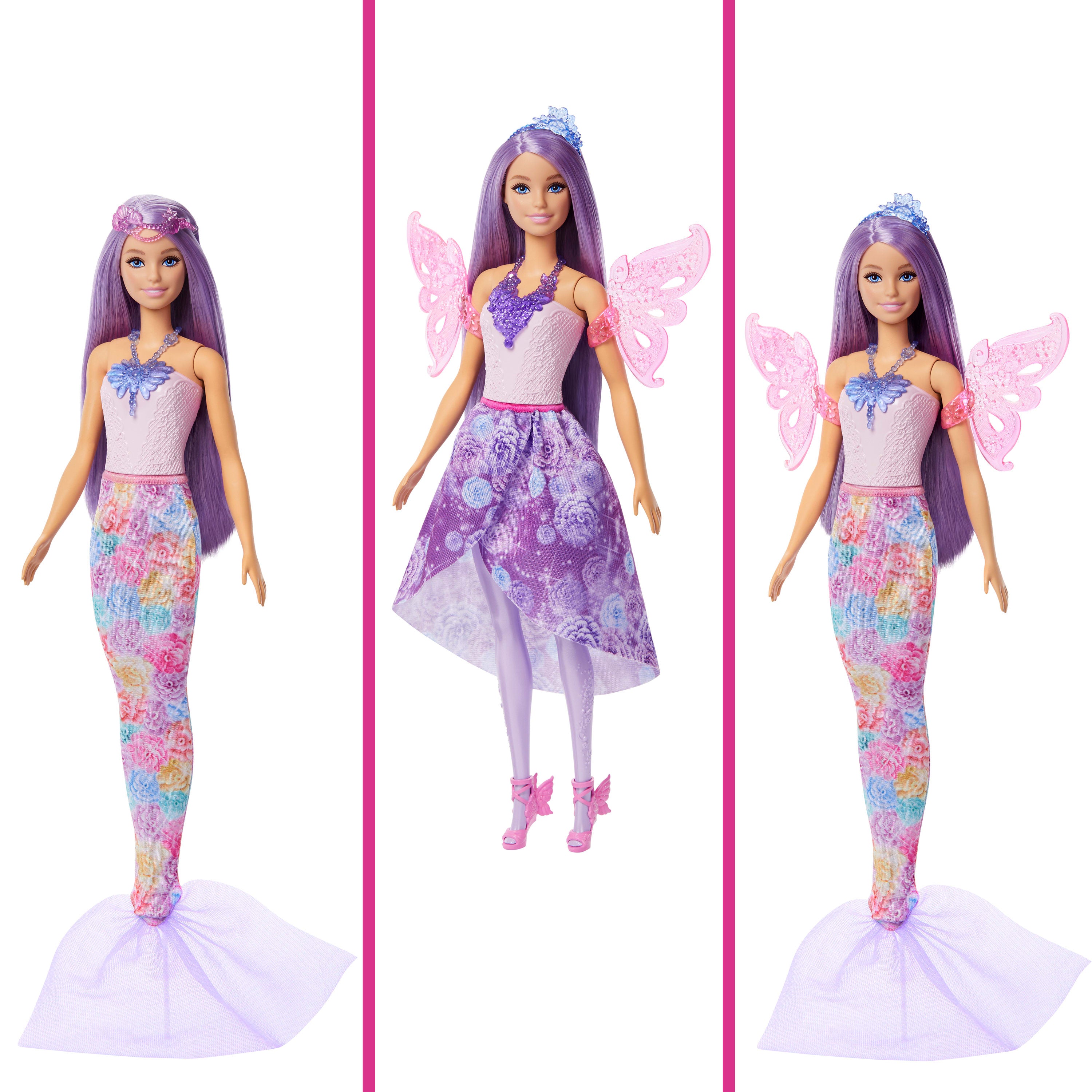 Barbie Büyüleyici Kıyafet Koleksiyonu bebek ile deniz kızı kuyruğu, peri kanatları ve kolyeler gibi aksesuarlar