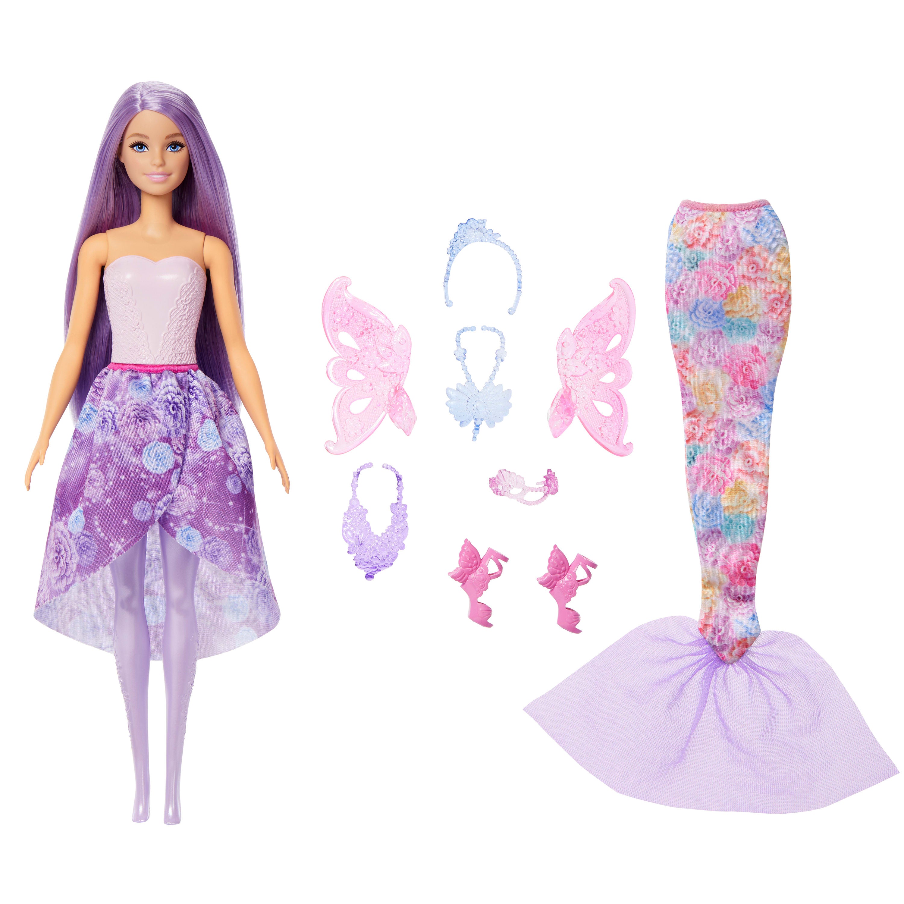 Barbie Büyüleyici Kıyafet Koleksiyonu bebek ile deniz kızı kuyruğu, peri kanatları ve kolyeler gibi aksesuarlar