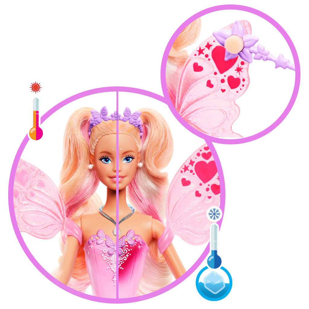 Barbie büyüleyici peri kızı bebek, renk değişimi özellikli kanat ve kıyafetler, süngerli oyuncak değnek ve moda aksesuarları