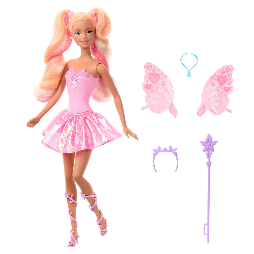 Barbie büyüleyici peri kızı bebek, renk değişimi özellikli kanat ve kıyafetler, süngerli oyuncak değnek ve moda aksesuarları