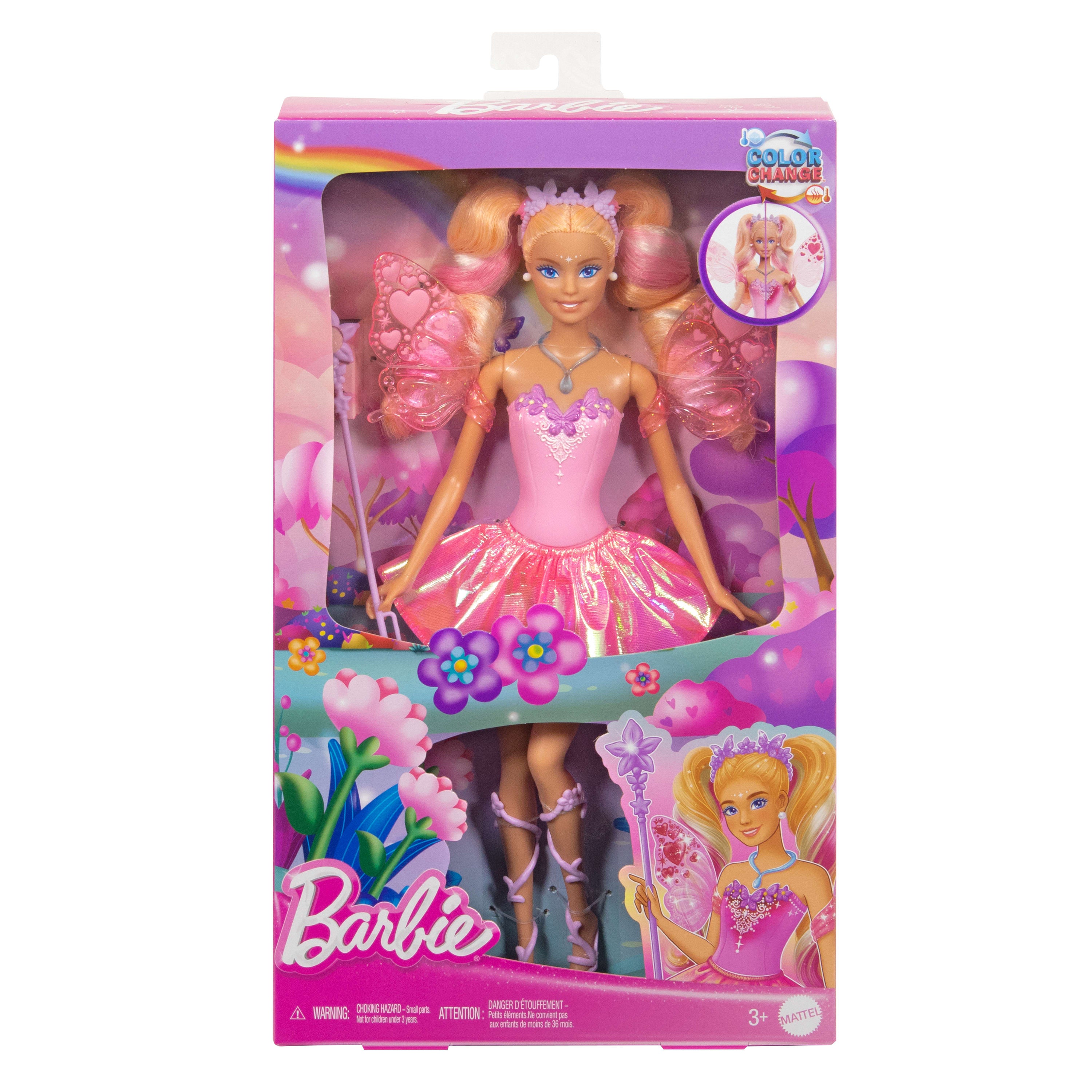 Barbie büyüleyici peri kızı bebek, renk değişimi özellikli kanat ve kıyafetler, süngerli oyuncak değnek ve moda aksesuarları