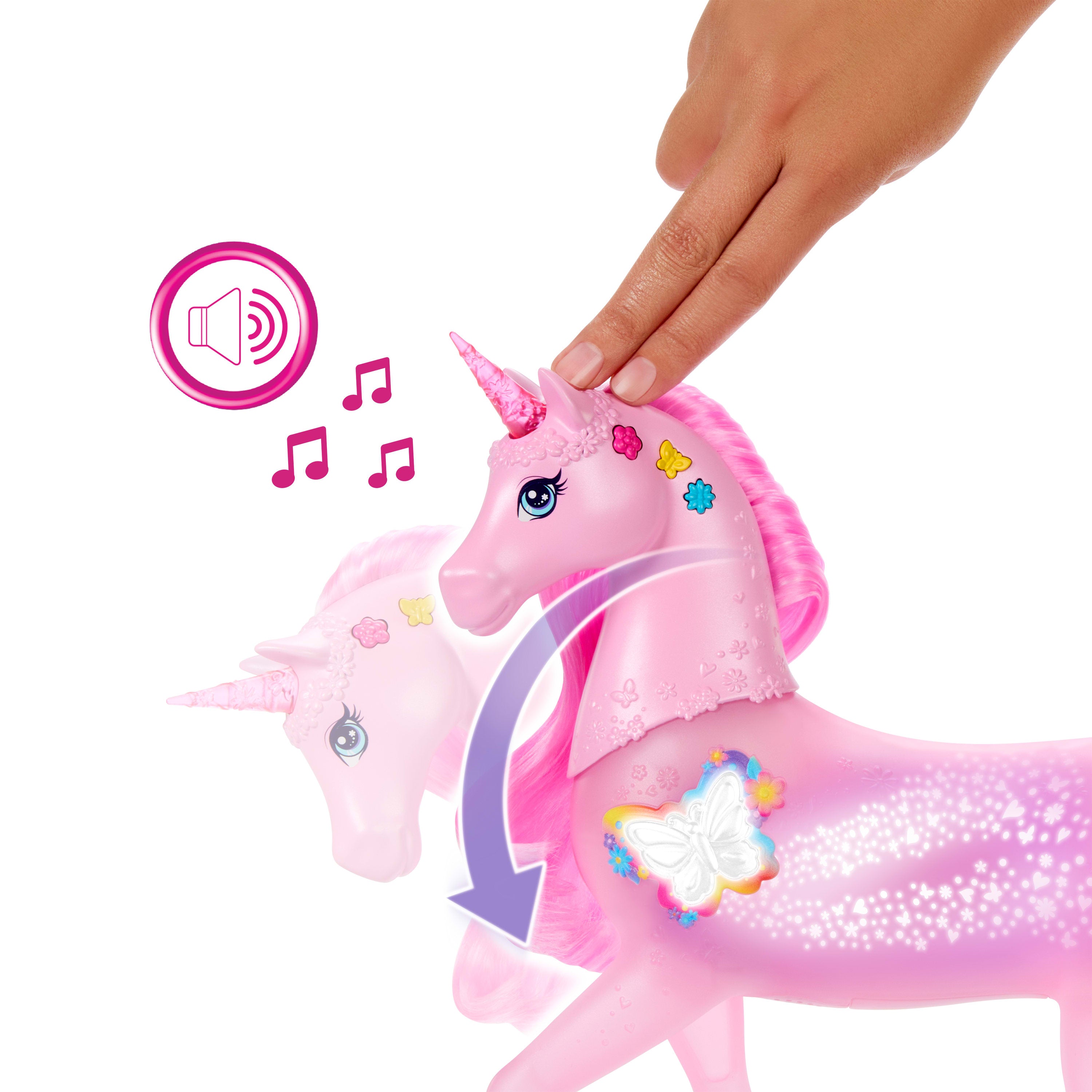 20 interaktif ışık, ses ve müzik kombinasyonu bulunan Barbie Işıltılı Tek Boynuzlu At oyuncağı