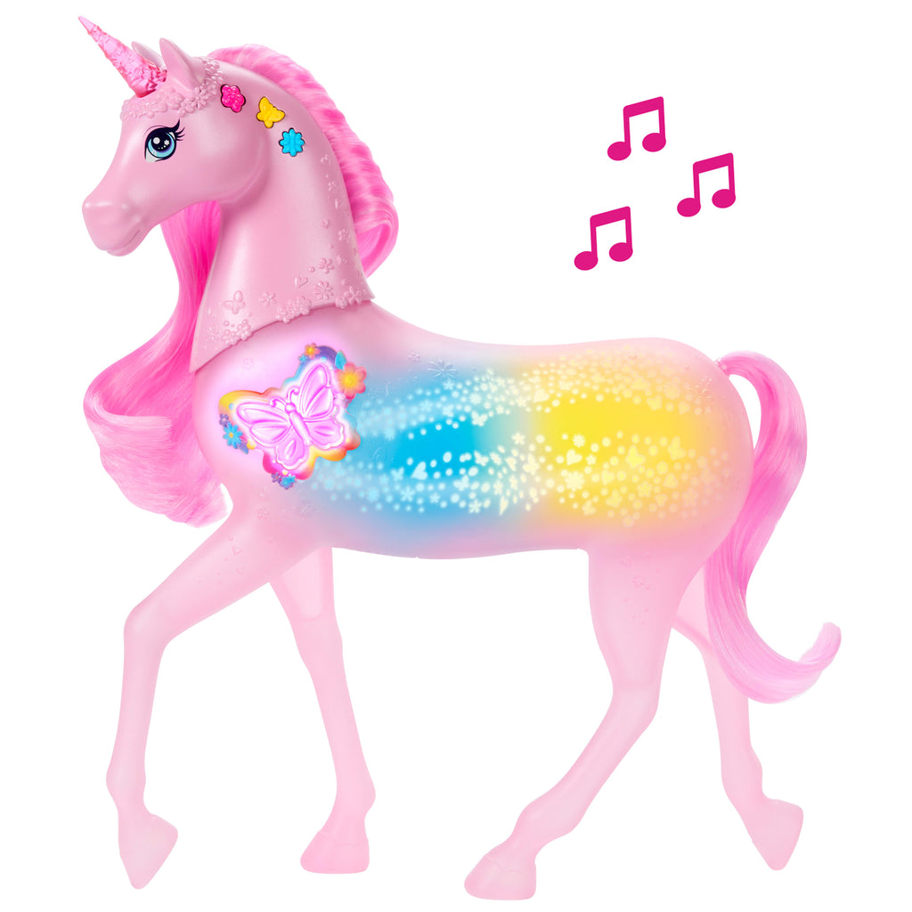 20 interaktif ışık, ses ve müzik kombinasyonu bulunan Barbie Işıltılı Tek Boynuzlu At oyuncağı