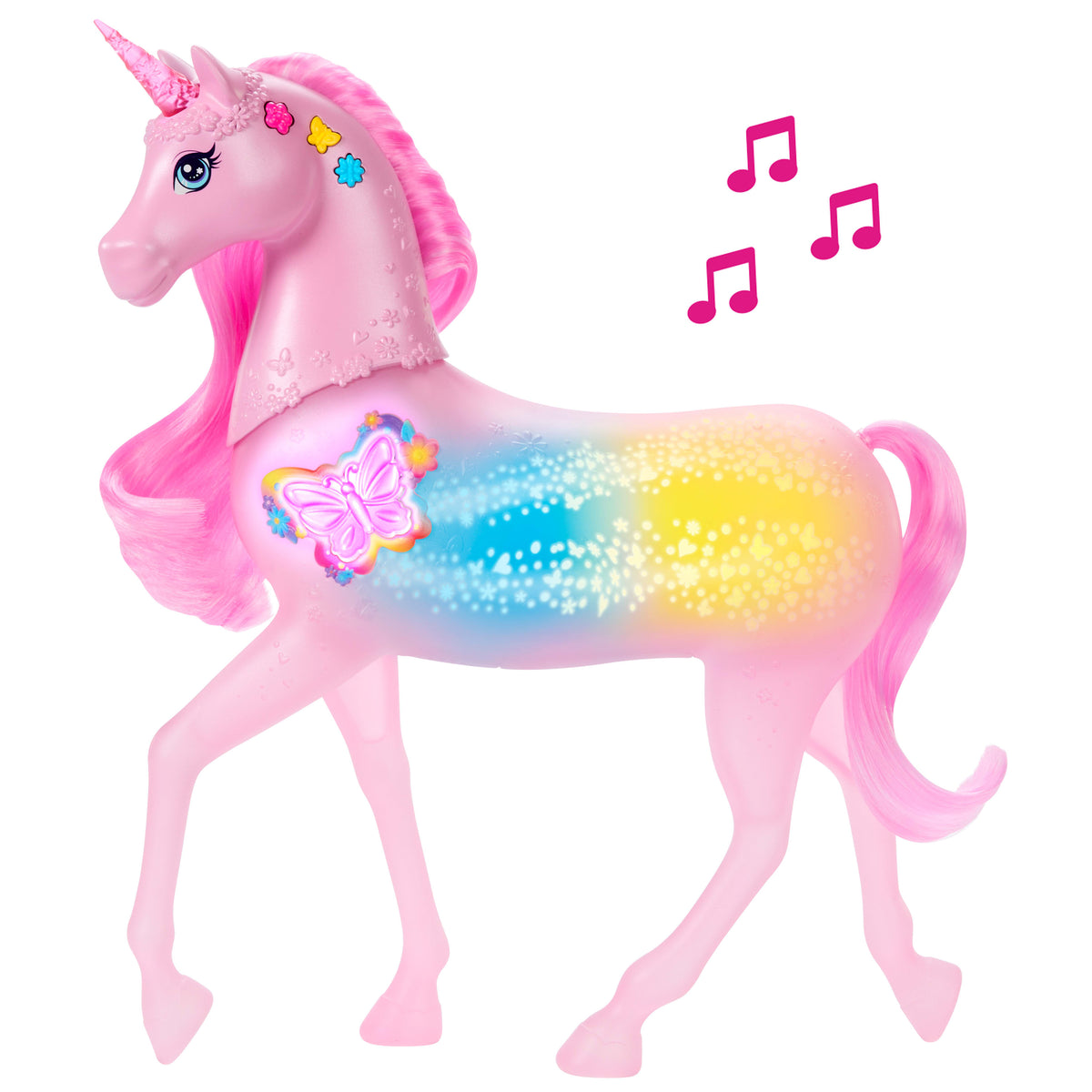 20 interaktif ışık, ses ve müzik kombinasyonu bulunan Barbie Işıltılı Tek Boynuzlu At oyuncağı