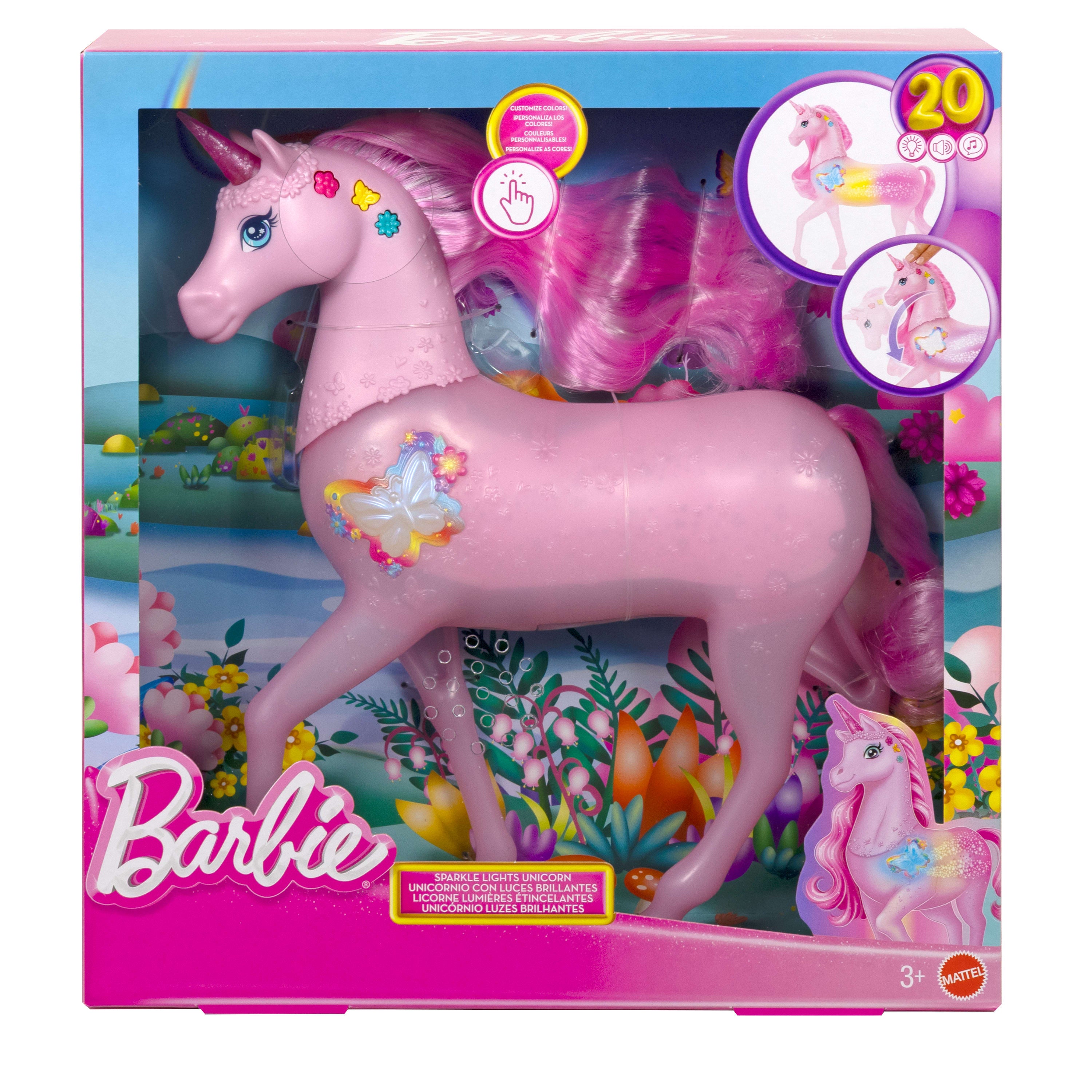 20 interaktif ışık, ses ve müzik kombinasyonu bulunan Barbie Işıltılı Tek Boynuzlu At oyuncağı
