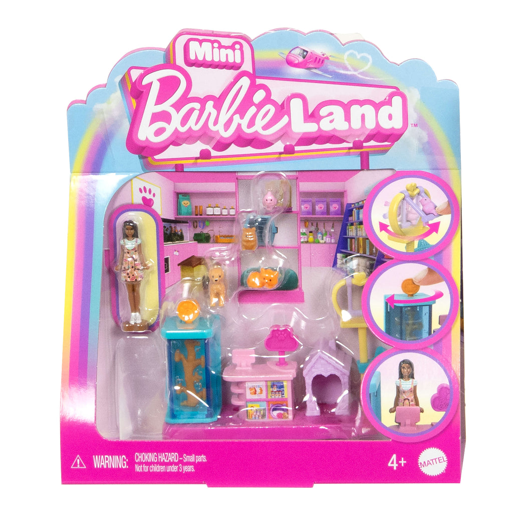 Barbie Mini BarbieLand koleksiyona uygun oyun seti, 4 cm'lik Barbie bebek ve hikaye anlatımına yönelik etkileşimli oyun alanları ile Evcil Hayvan Butiği