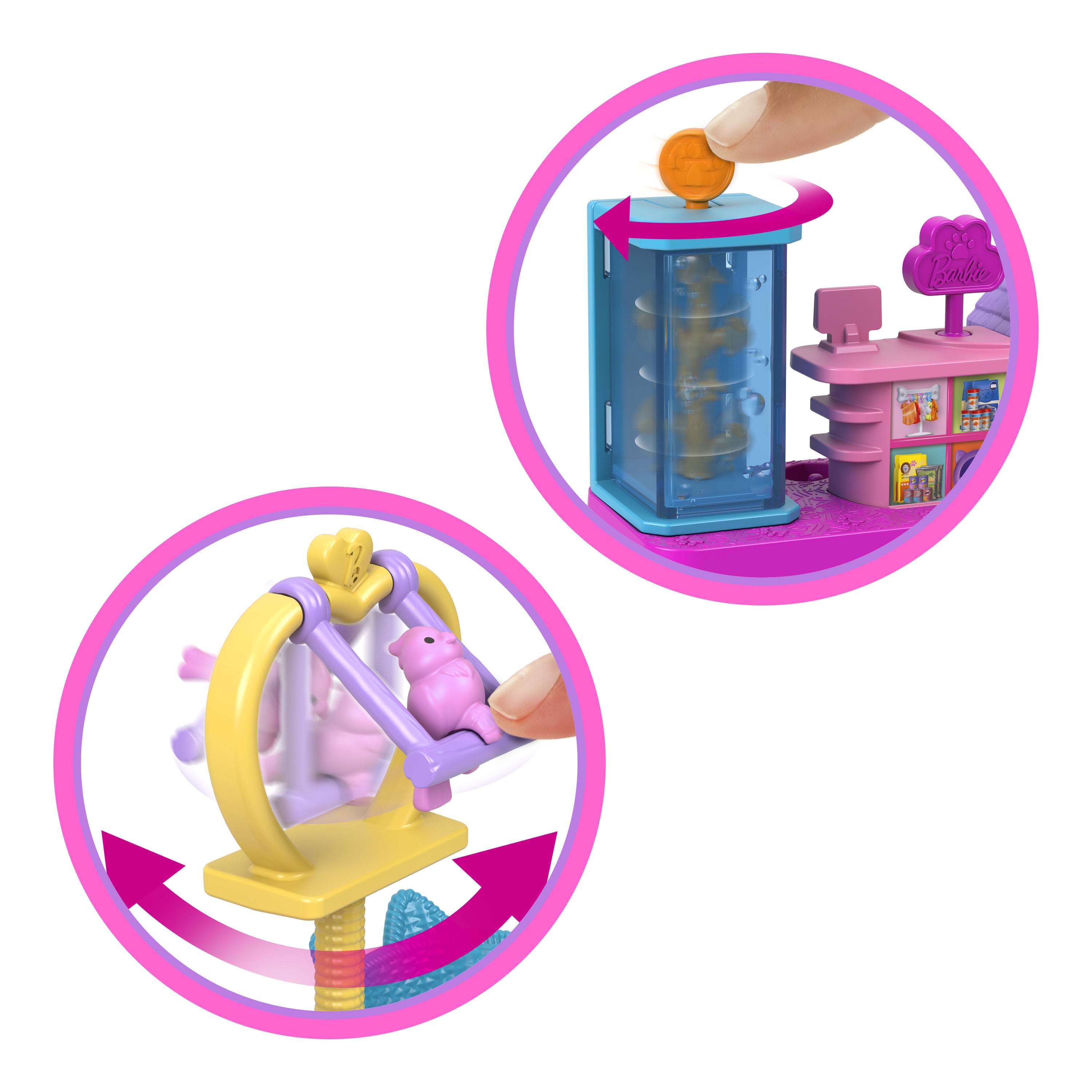 Barbie Mini BarbieLand koleksiyona uygun oyun seti, 4 cm'lik Barbie bebek ve hikaye anlatımına yönelik etkileşimli oyun alanları ile Evcil Hayvan Butiği