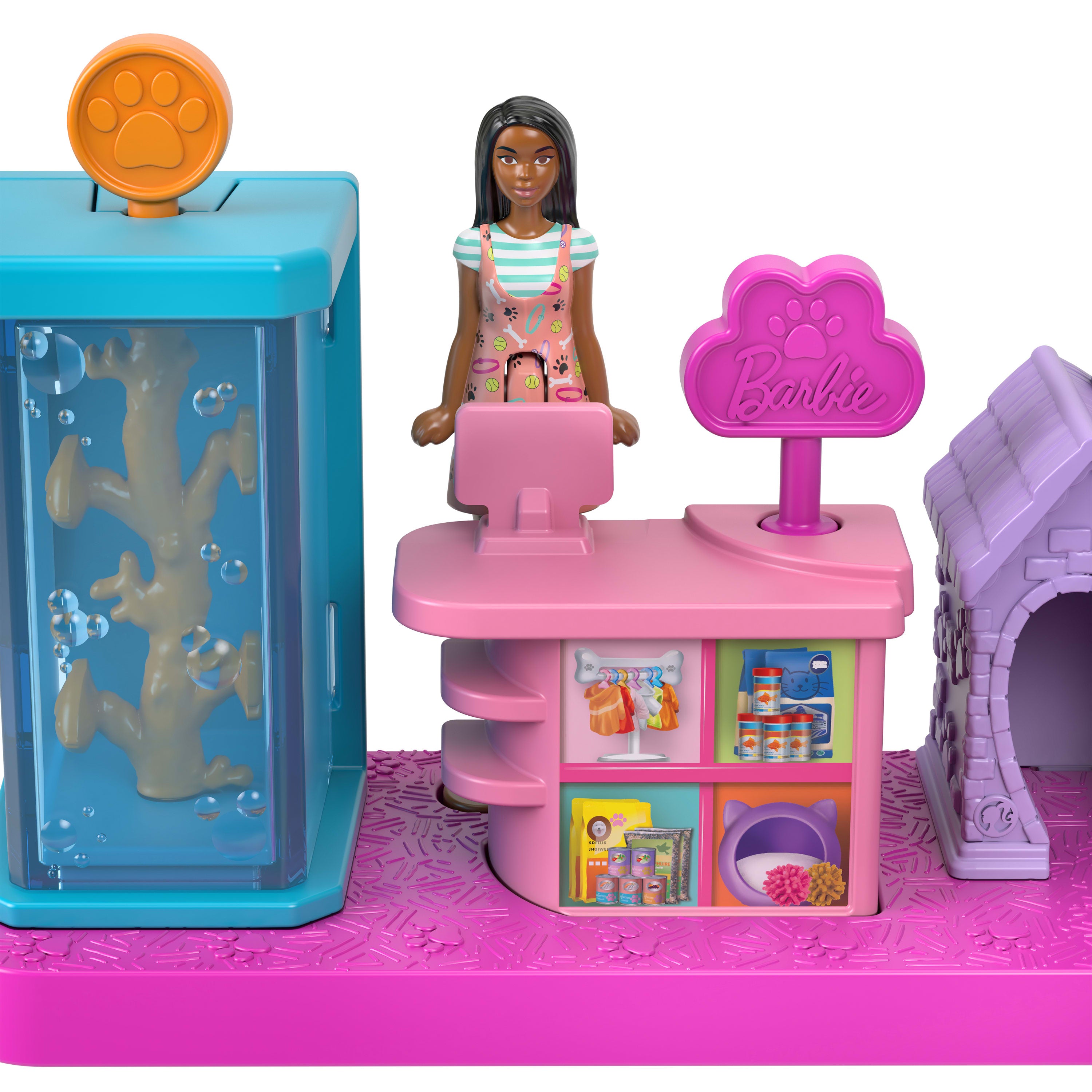 Barbie Mini BarbieLand koleksiyona uygun oyun seti, 4 cm'lik Barbie bebek ve hikaye anlatımına yönelik etkileşimli oyun alanları ile Evcil Hayvan Butiği