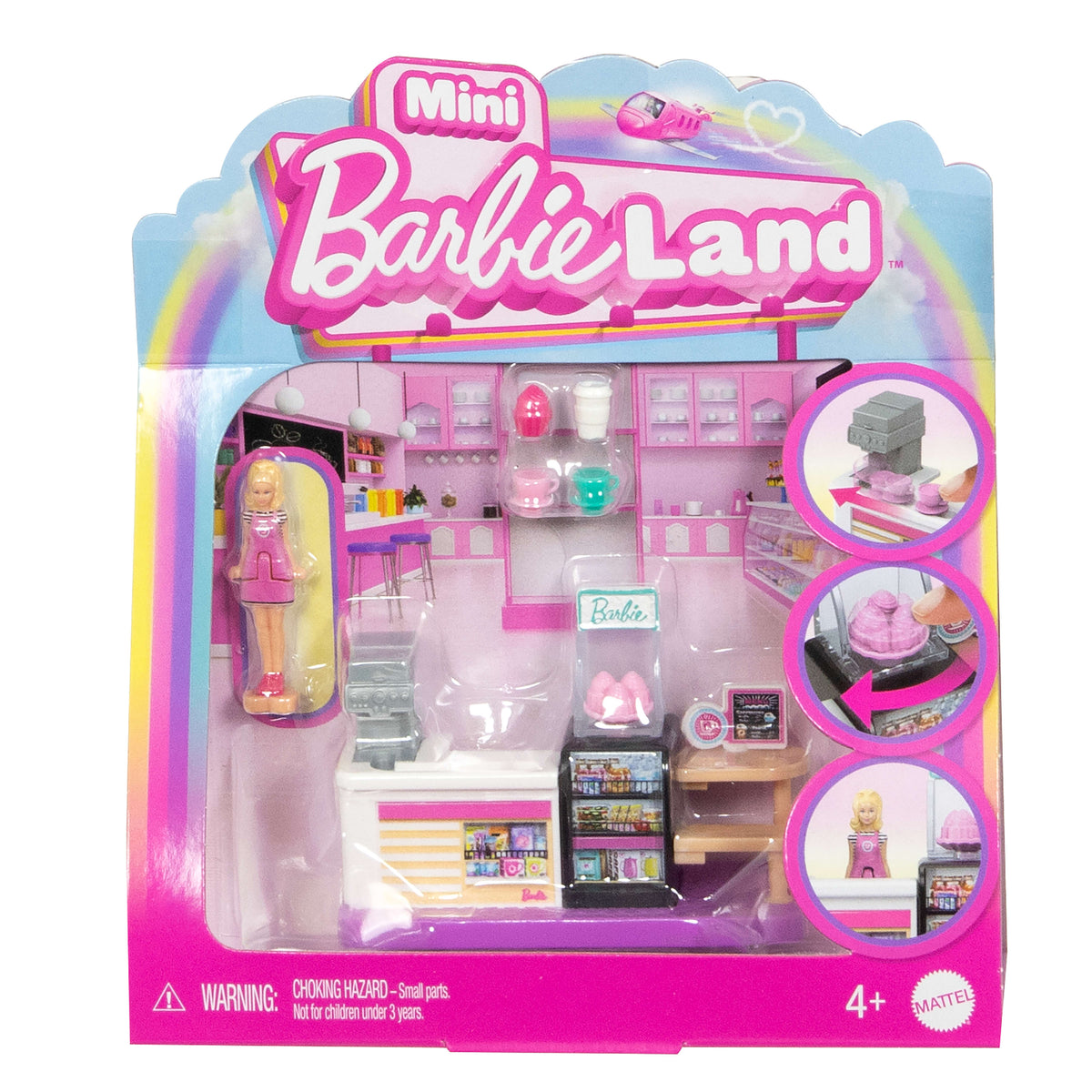 Barbie Mini BarbieLand koleksiyona uygun oyun seti, 4 cm'lik Barbie bebek ve hikaye anlatımına yönelik etkileşimli oyun alanları ile Pastane