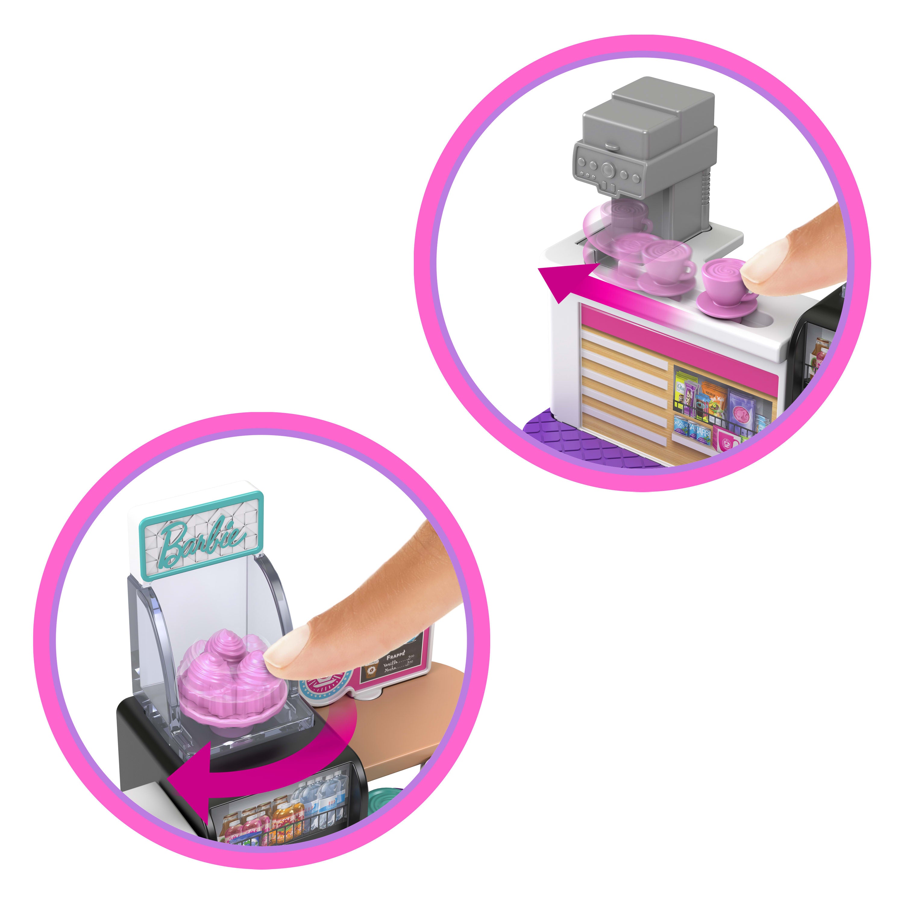 Barbie Mini BarbieLand koleksiyona uygun oyun seti, 4 cm'lik Barbie bebek ve hikaye anlatımına yönelik etkileşimli oyun alanları ile Pastane