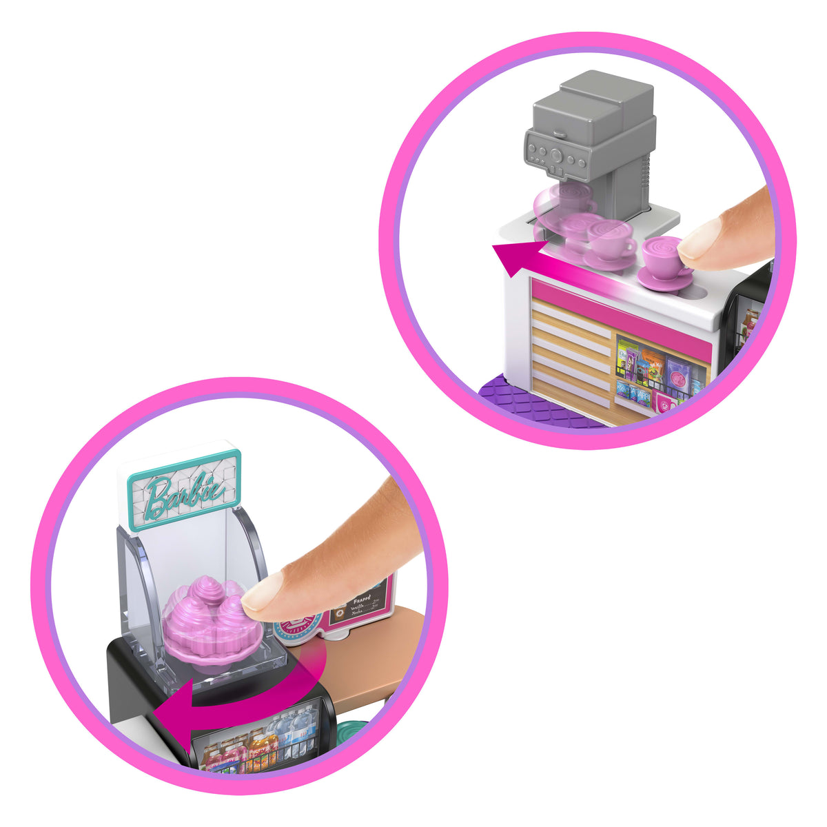 Barbie Mini BarbieLand koleksiyona uygun oyun seti, 4 cm'lik Barbie bebek ve hikaye anlatımına yönelik etkileşimli oyun alanları ile Pastane
