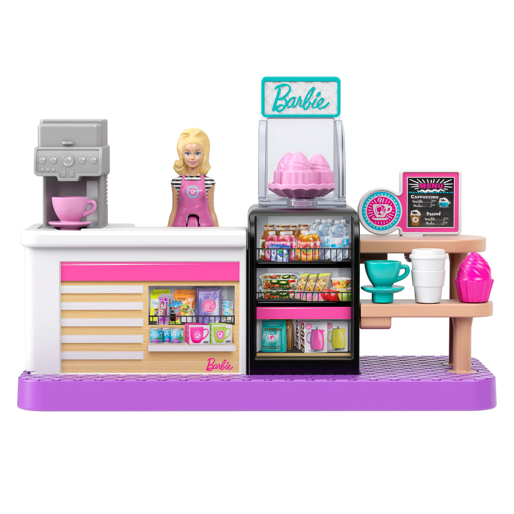 Barbie Mini BarbieLand koleksiyona uygun oyun seti, 4 cm'lik Barbie bebek ve hikaye anlatımına yönelik etkileşimli oyun alanları ile Pastane