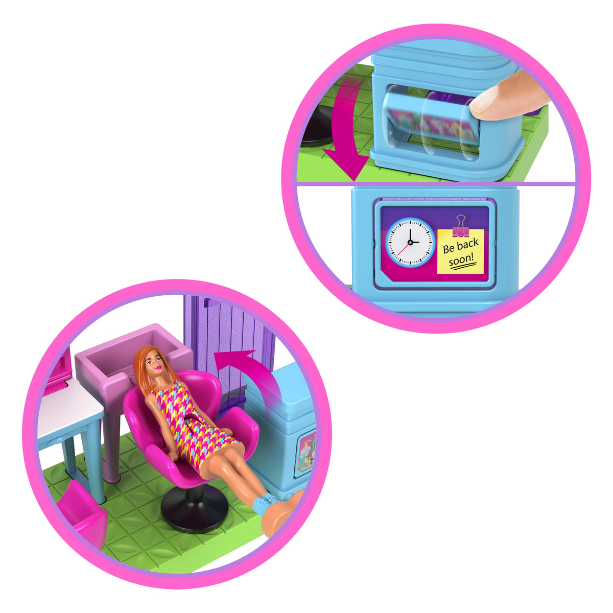 Barbie Mini BarbieLand koleksiyona uygun oyun seti, 4 cm'lik Barbie bebek ve hikaye anlatımına yönelik etkileşimli oyun alanları ile Kuaför Salonu