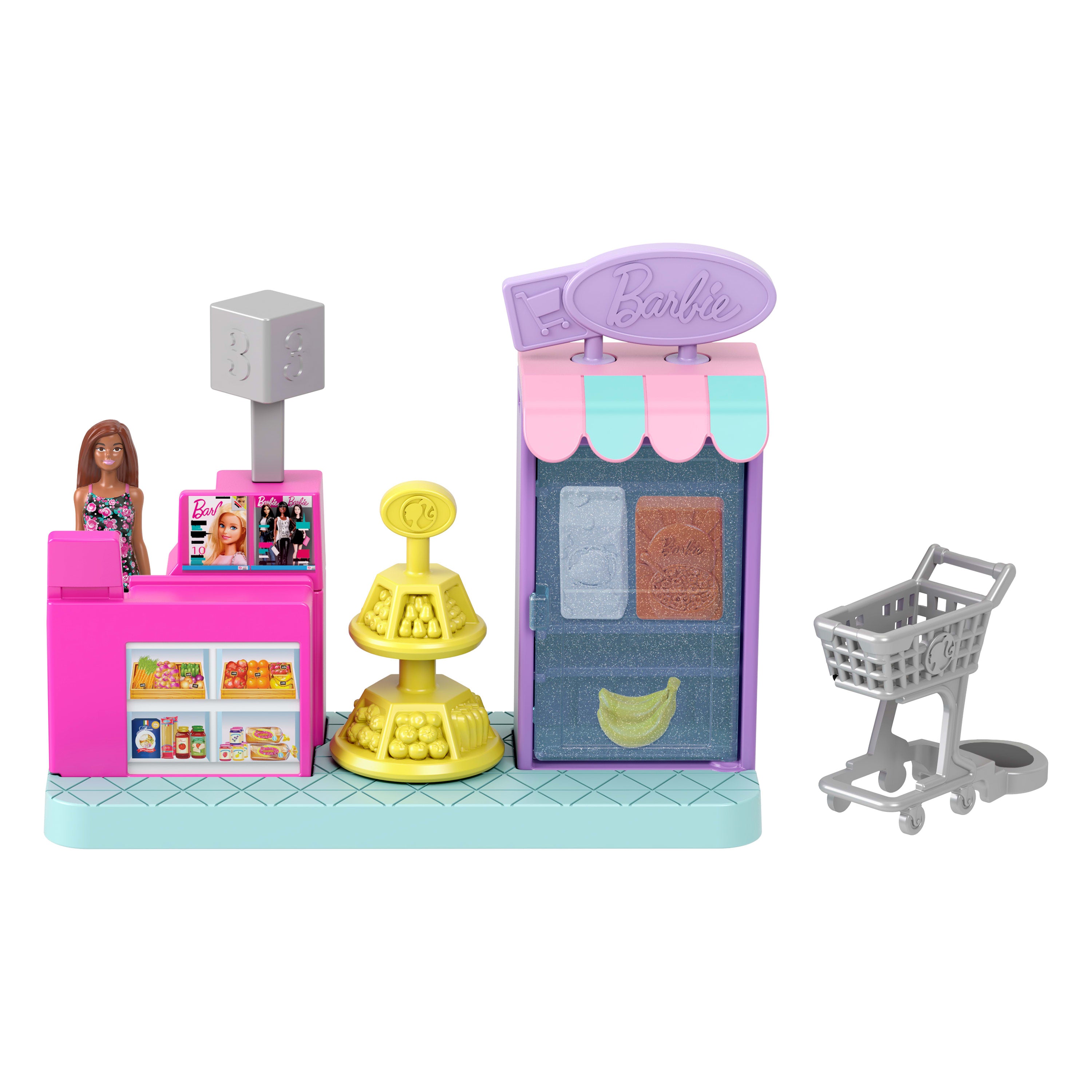 Barbie Mini BarbieLand koleksiyona uygun oyun seti, 4 cm'lik Barbie bebek ve hikaye anlatımına yönelik etkileşimli oyun alanları ile Süpermarket