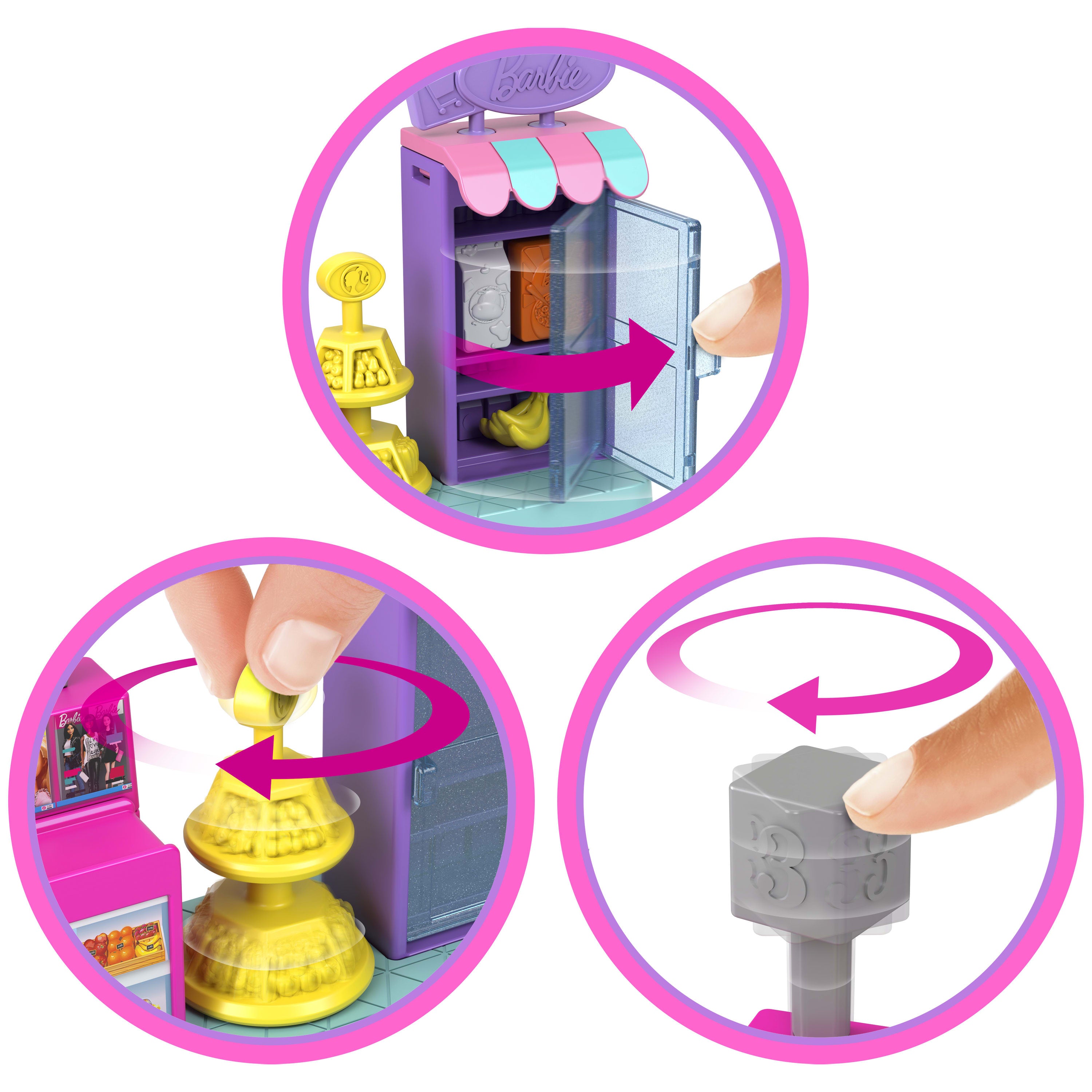 Barbie Mini BarbieLand koleksiyona uygun oyun seti, 4 cm'lik Barbie bebek ve hikaye anlatımına yönelik etkileşimli oyun alanları ile Süpermarket
