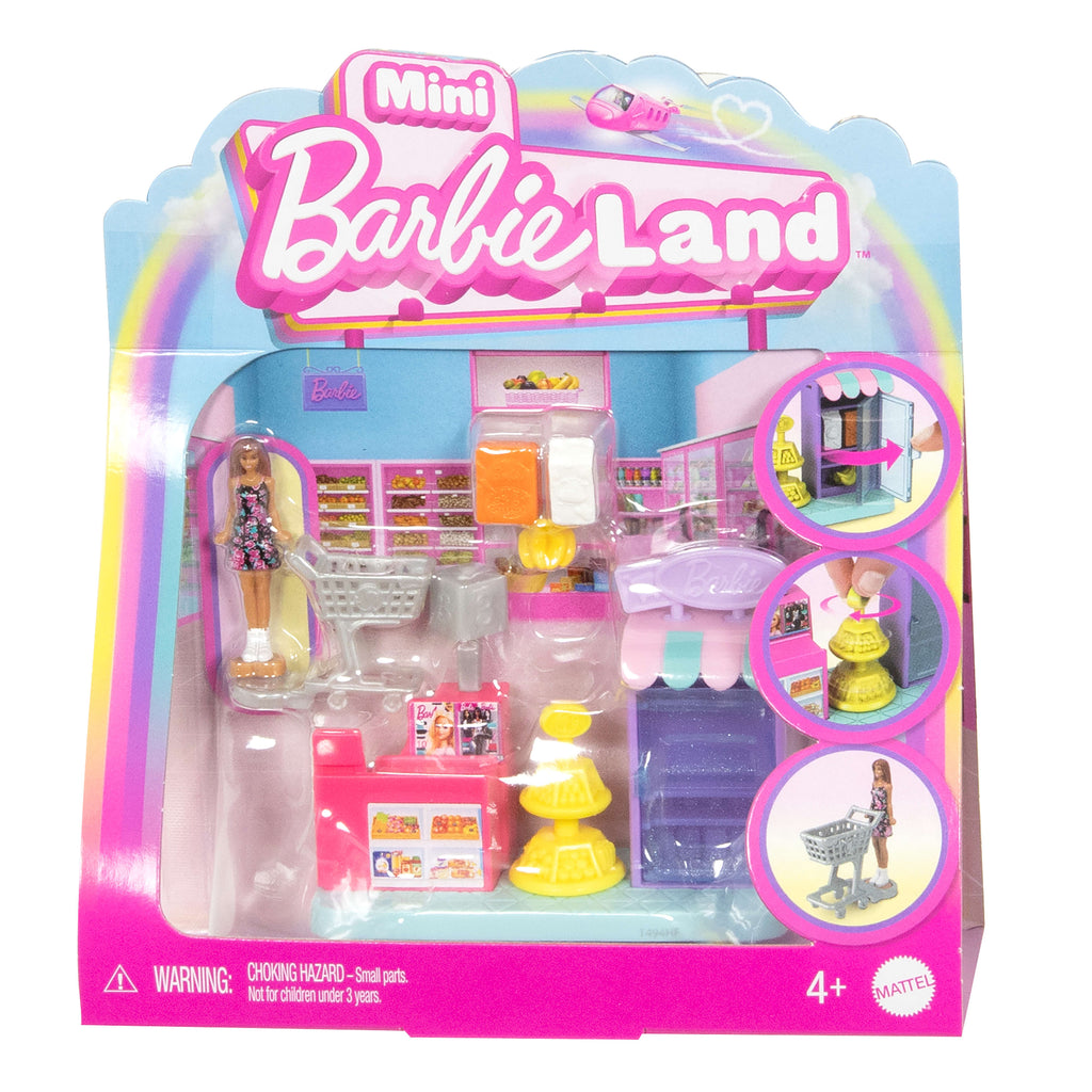 Barbie Mini BarbieLand koleksiyona uygun oyun seti, 4 cm'lik Barbie bebek ve hikaye anlatımına yönelik etkileşimli oyun alanları ile Süpermarket