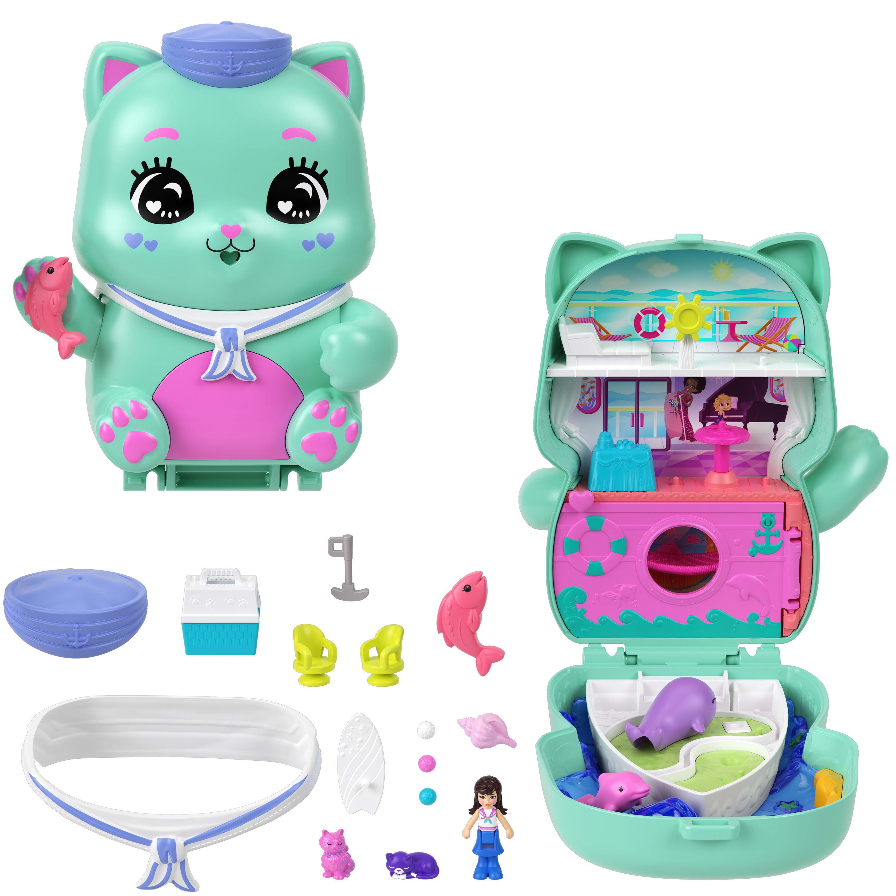 Polly Pocket Kedicik Yelkende mikro oyun seti, 1 mikro bebek ve evcil kediler, yiyecek ve stil aksesuarlarının yer aldığı seyahat oyuncağı