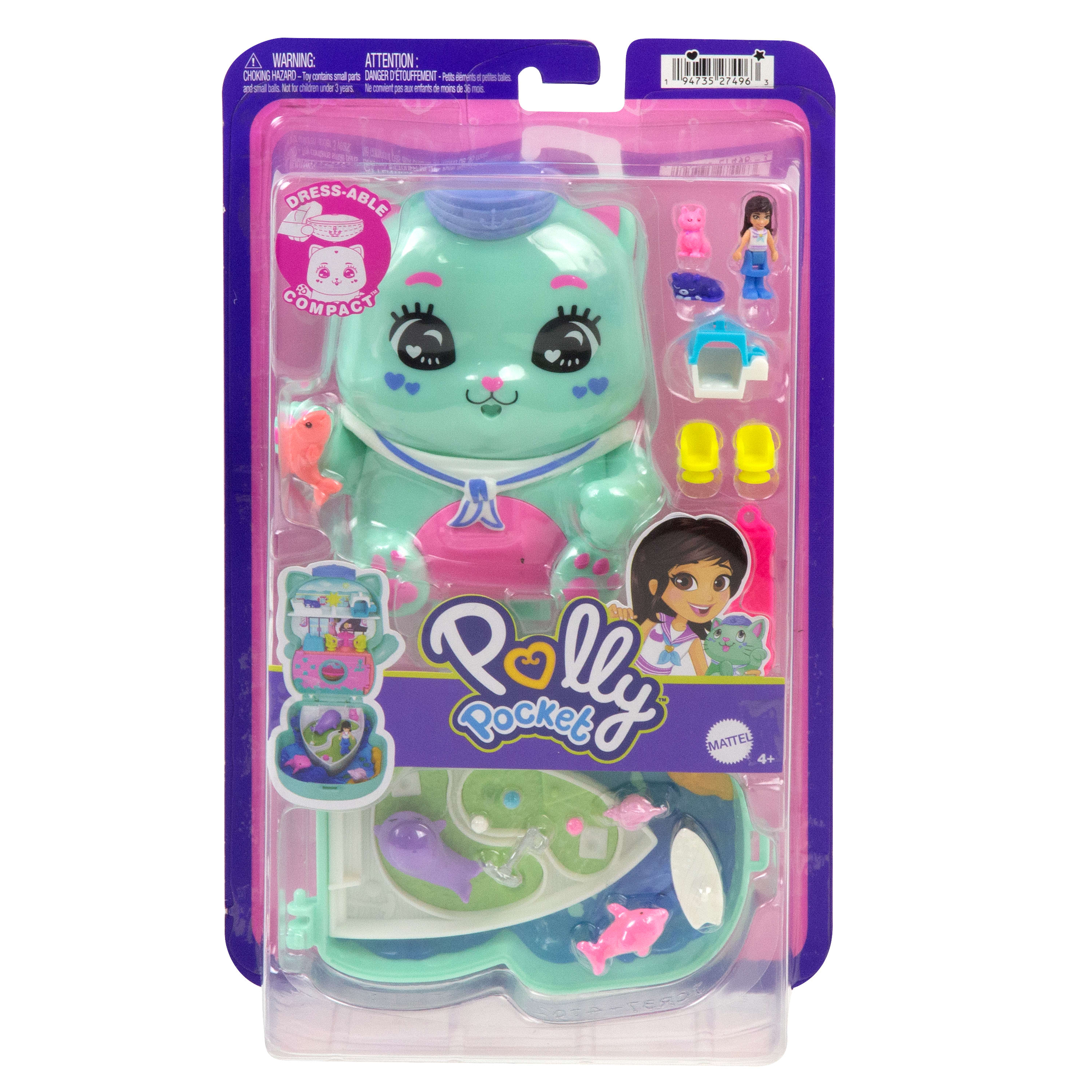 Polly Pocket Kedicik Yelkende mikro oyun seti, 1 mikro bebek ve evcil kediler, yiyecek ve stil aksesuarlarının yer aldığı seyahat oyuncağı