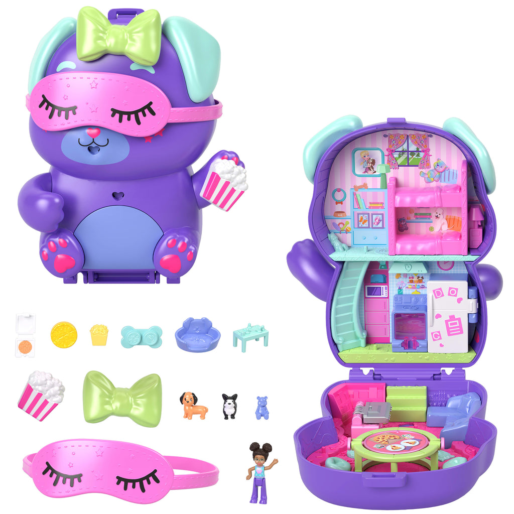 Polly Pocket Köpekçiğin Pijama Partisi mikro oyun seti, 1 mikro bebek ve evcil köpekler, yiyecek ve stil aksesuarlarının yer aldığı seyahat oyuncağı