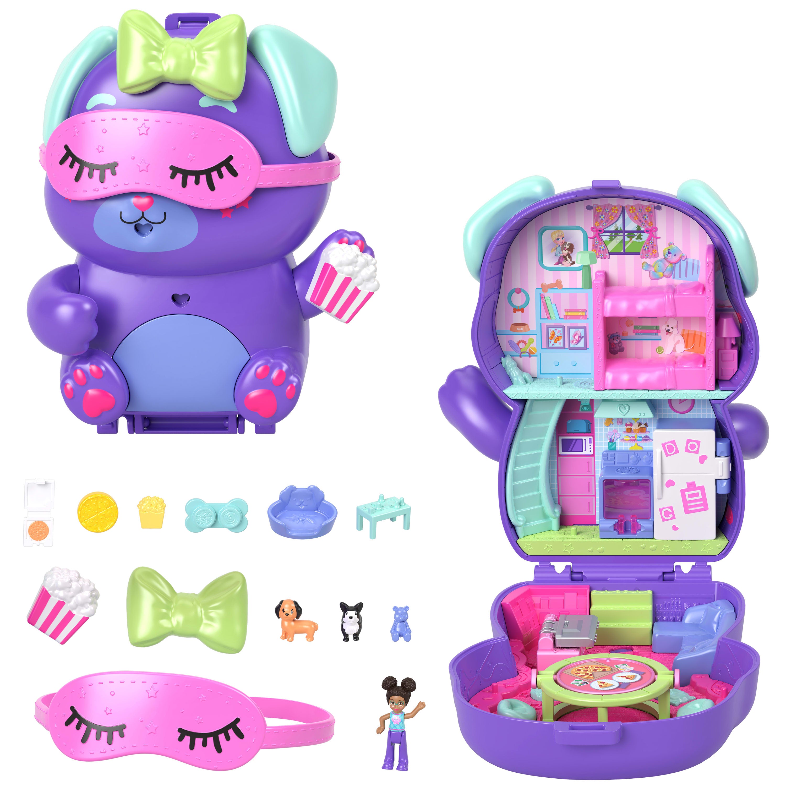 Polly Pocket Köpekçiğin Pijama Partisi mikro oyun seti, 1 mikro bebek ve evcil köpekler, yiyecek ve stil aksesuarlarının yer aldığı seyahat oyuncağı