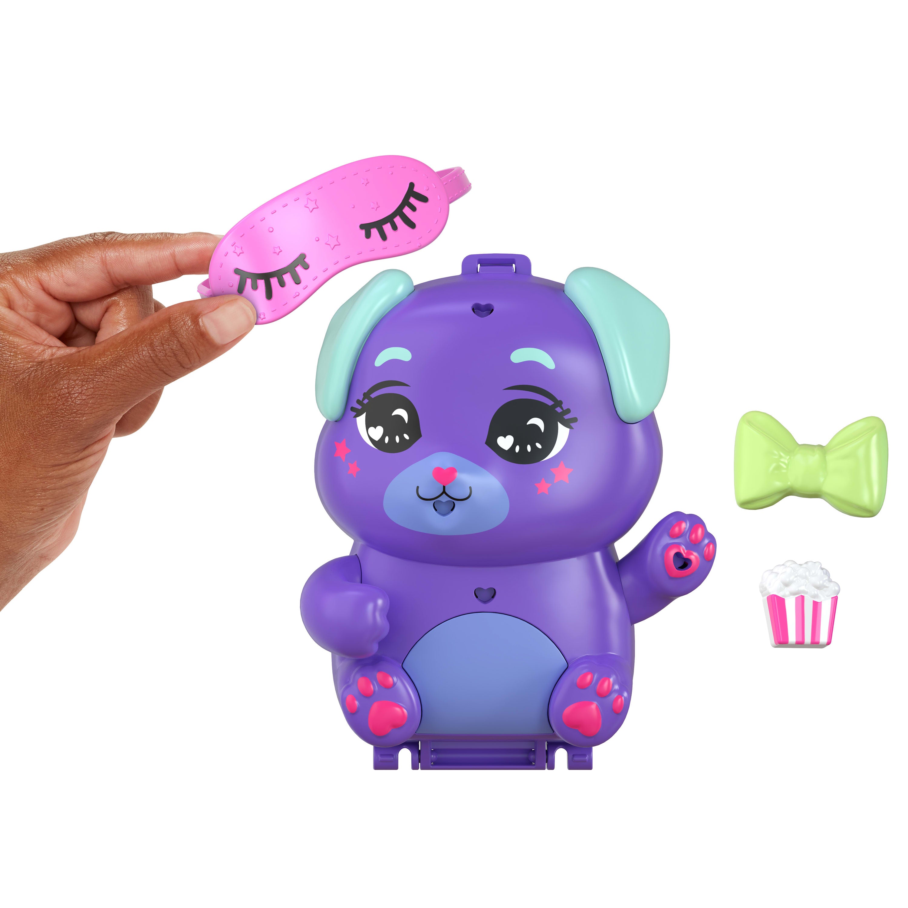 Polly Pocket Köpekçiğin Pijama Partisi mikro oyun seti, 1 mikro bebek ve evcil köpekler, yiyecek ve stil aksesuarlarının yer aldığı seyahat oyuncağı