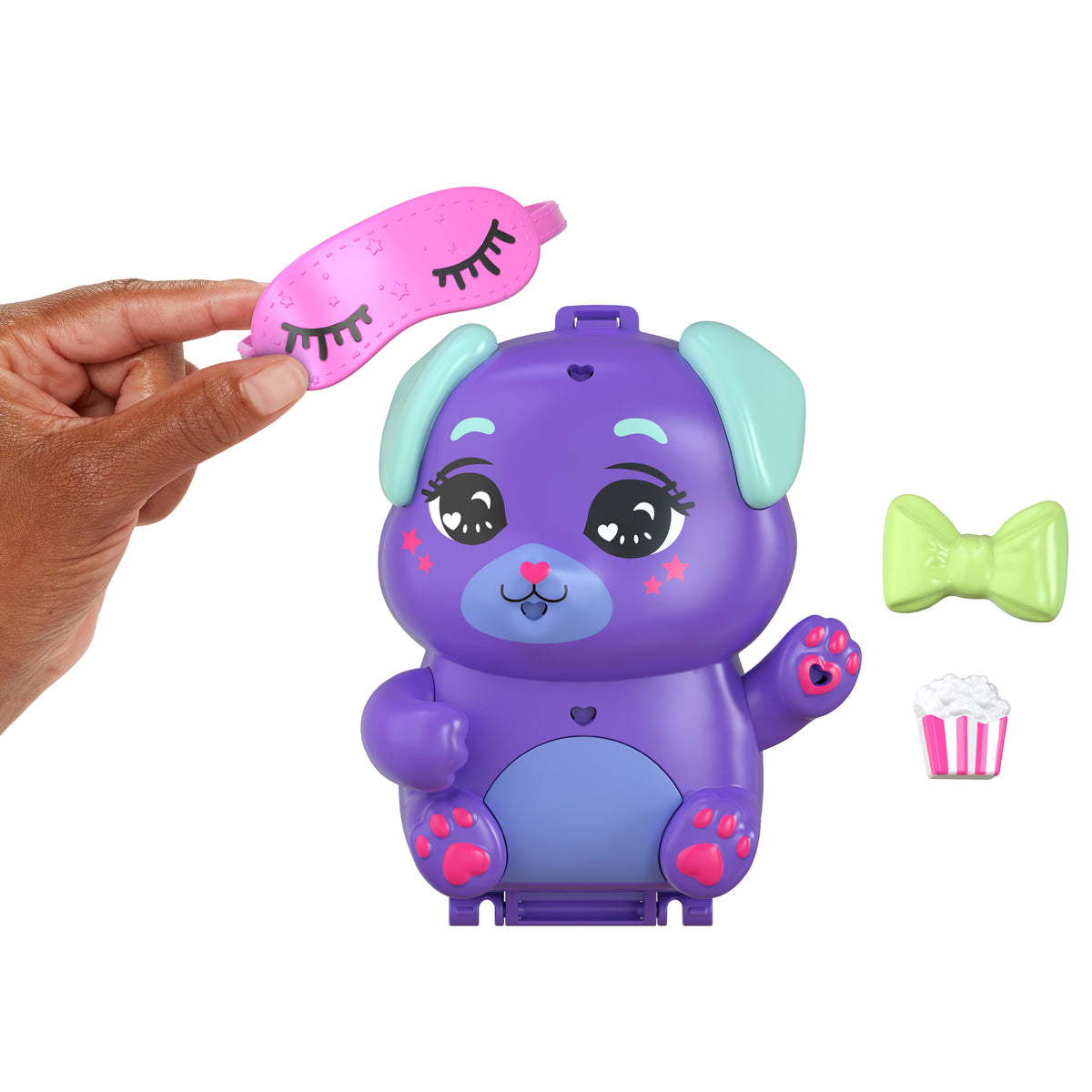 Polly Pocket Köpekçiğin Pijama Partisi mikro oyun seti, 1 mikro bebek ve evcil köpekler, yiyecek ve stil aksesuarlarının yer aldığı seyahat oyuncağı