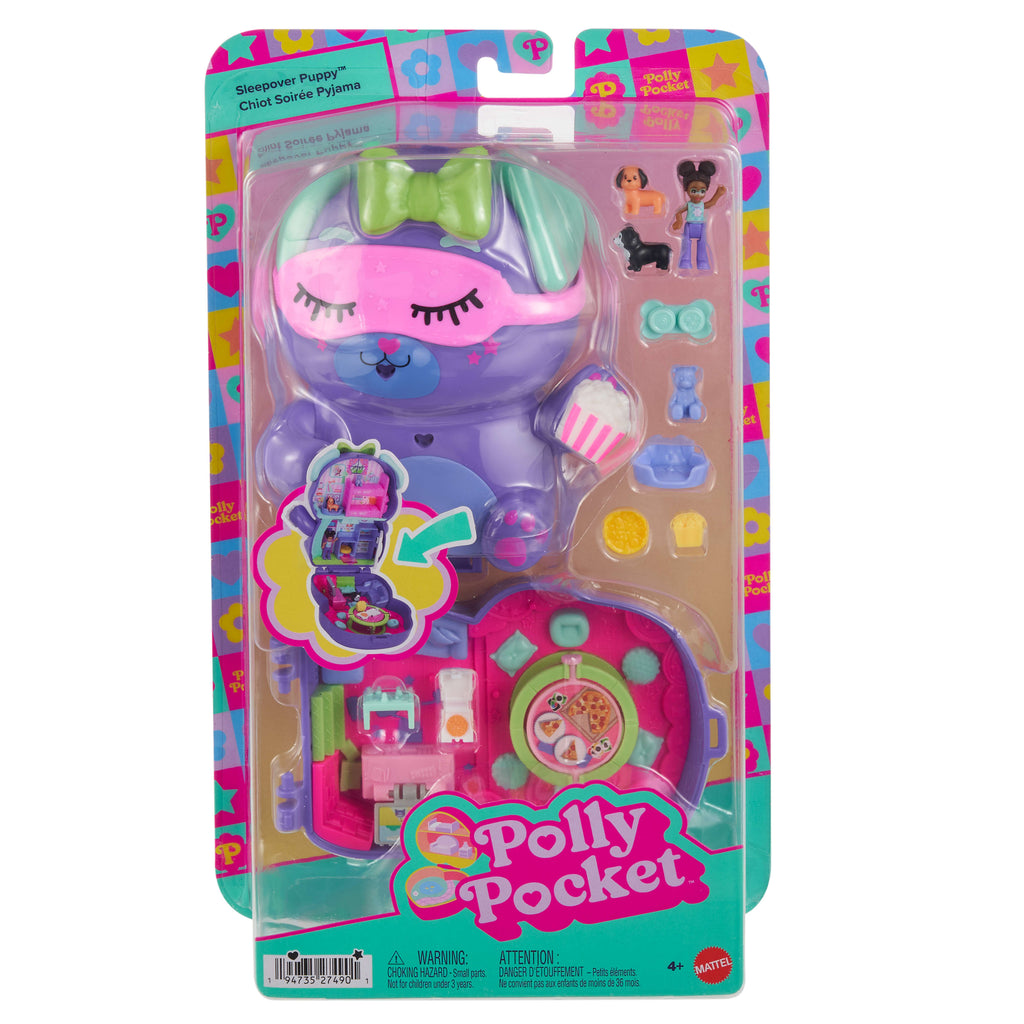 Polly Pocket Köpekçiğin Pijama Partisi mikro oyun seti, 1 mikro bebek ve evcil köpekler, yiyecek ve stil aksesuarlarının yer aldığı seyahat oyuncağı