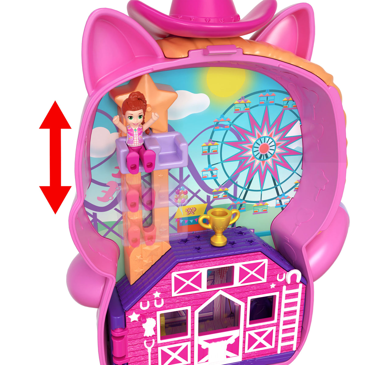 Polly Pocket Midilliyle Rodeo Heyecanı mikro oyun seti, 1 mikro bebek ve evcil atlar, yiyecek ve stil aksesuarlarının yer aldığı seyahat oyuncağı