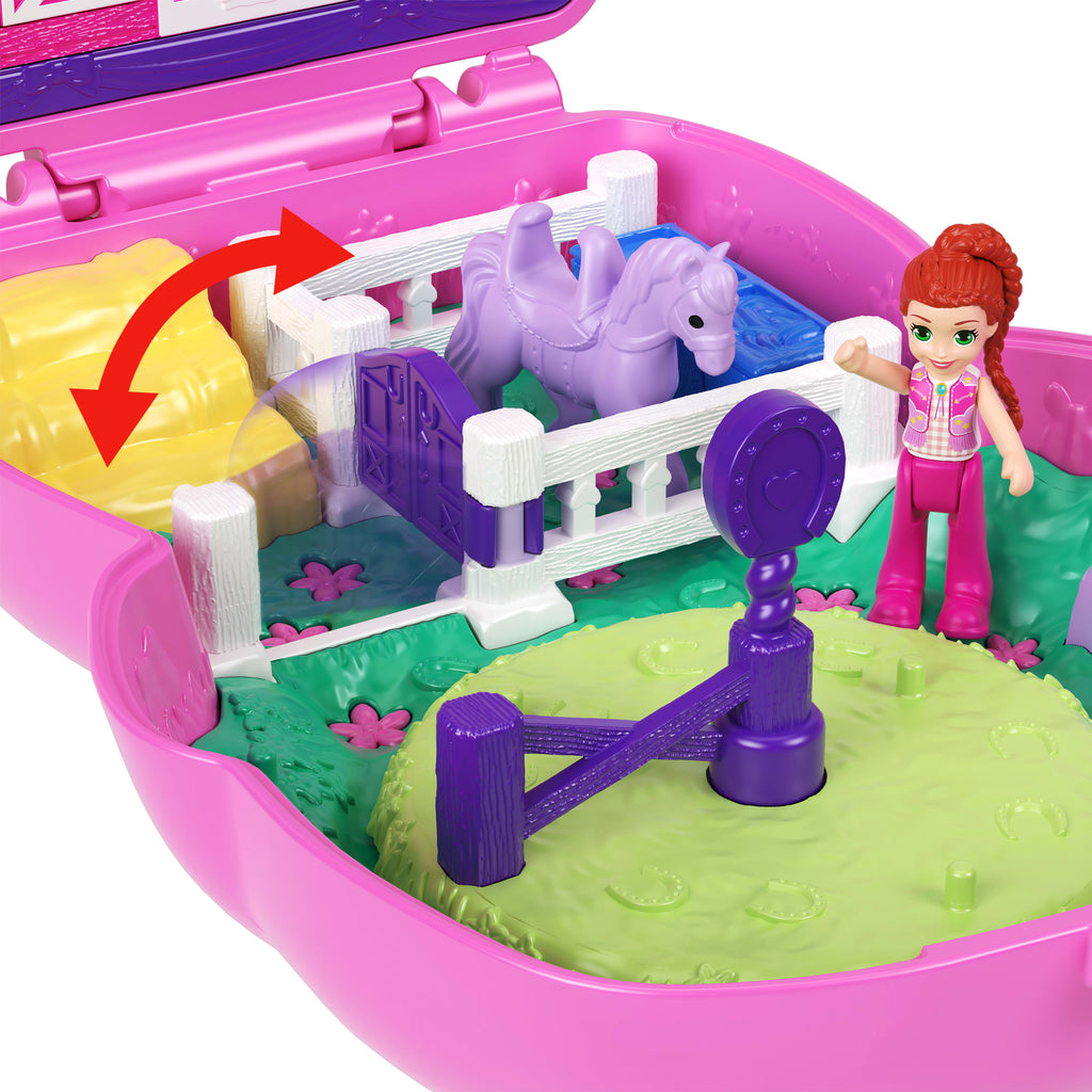 Polly Pocket Midilliyle Rodeo Heyecanı mikro oyun seti, 1 mikro bebek ve evcil atlar, yiyecek ve stil aksesuarlarının yer aldığı seyahat oyuncağı