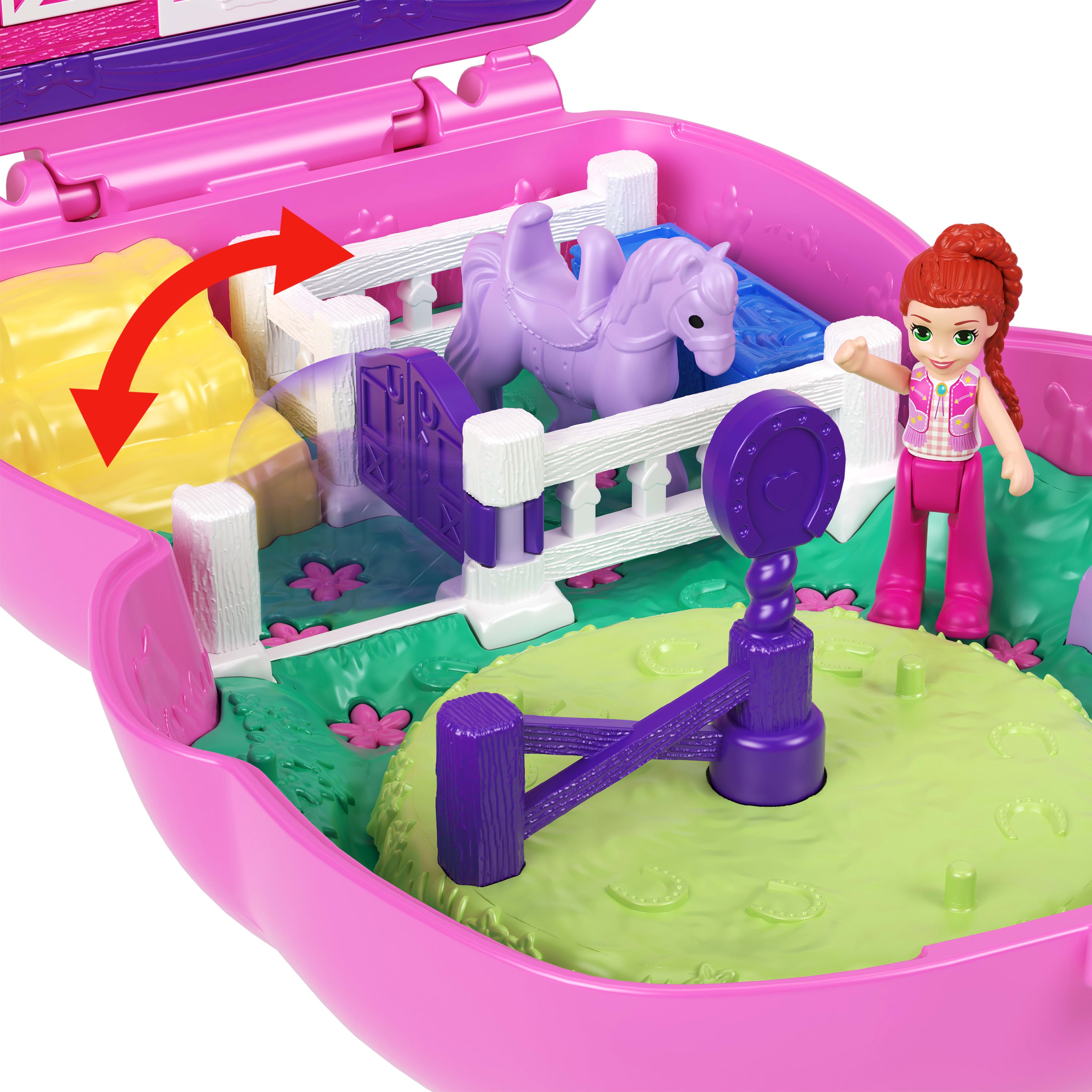 Polly Pocket Midilliyle Rodeo Heyecanı mikro oyun seti, 1 mikro bebek ve evcil atlar, yiyecek ve stil aksesuarlarının yer aldığı seyahat oyuncağı