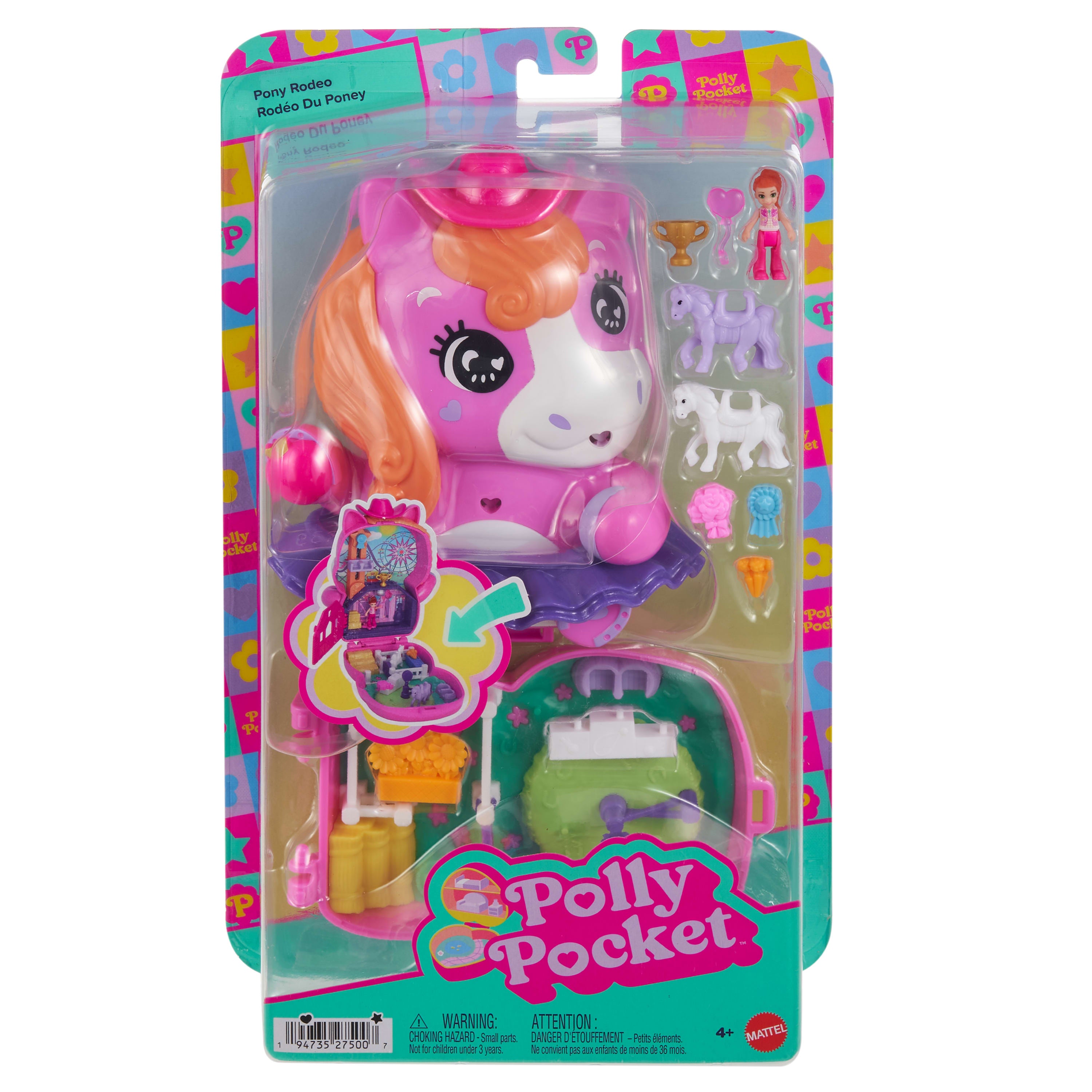 Polly Pocket Midilliyle Rodeo Heyecanı mikro oyun seti, 1 mikro bebek ve evcil atlar, yiyecek ve stil aksesuarlarının yer aldığı seyahat oyuncağı