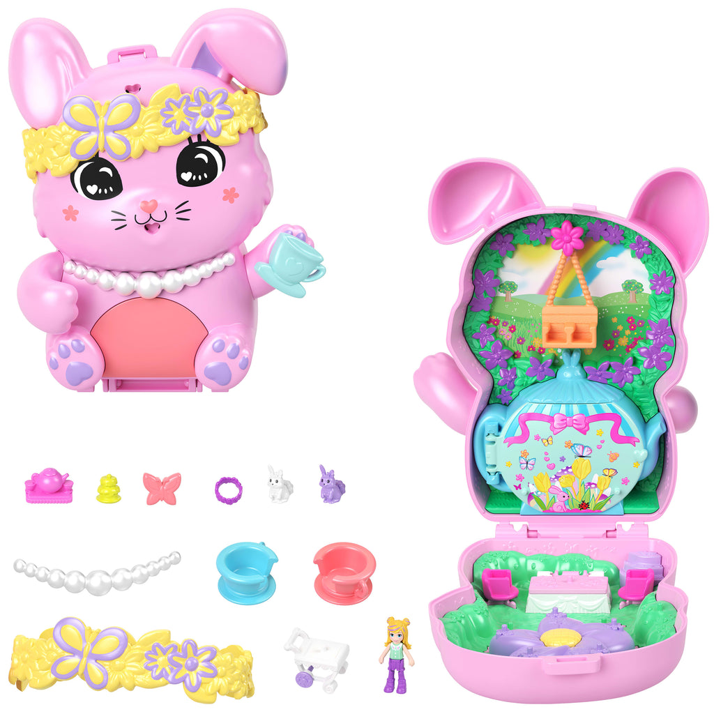 Polly Pocket Tavşancığın Çay Partisi mini oyun seti, 1 mikro bebek ve evcil tavşanlar, stil aksesuarlarının yer aldığı seyahat oyuncağı
