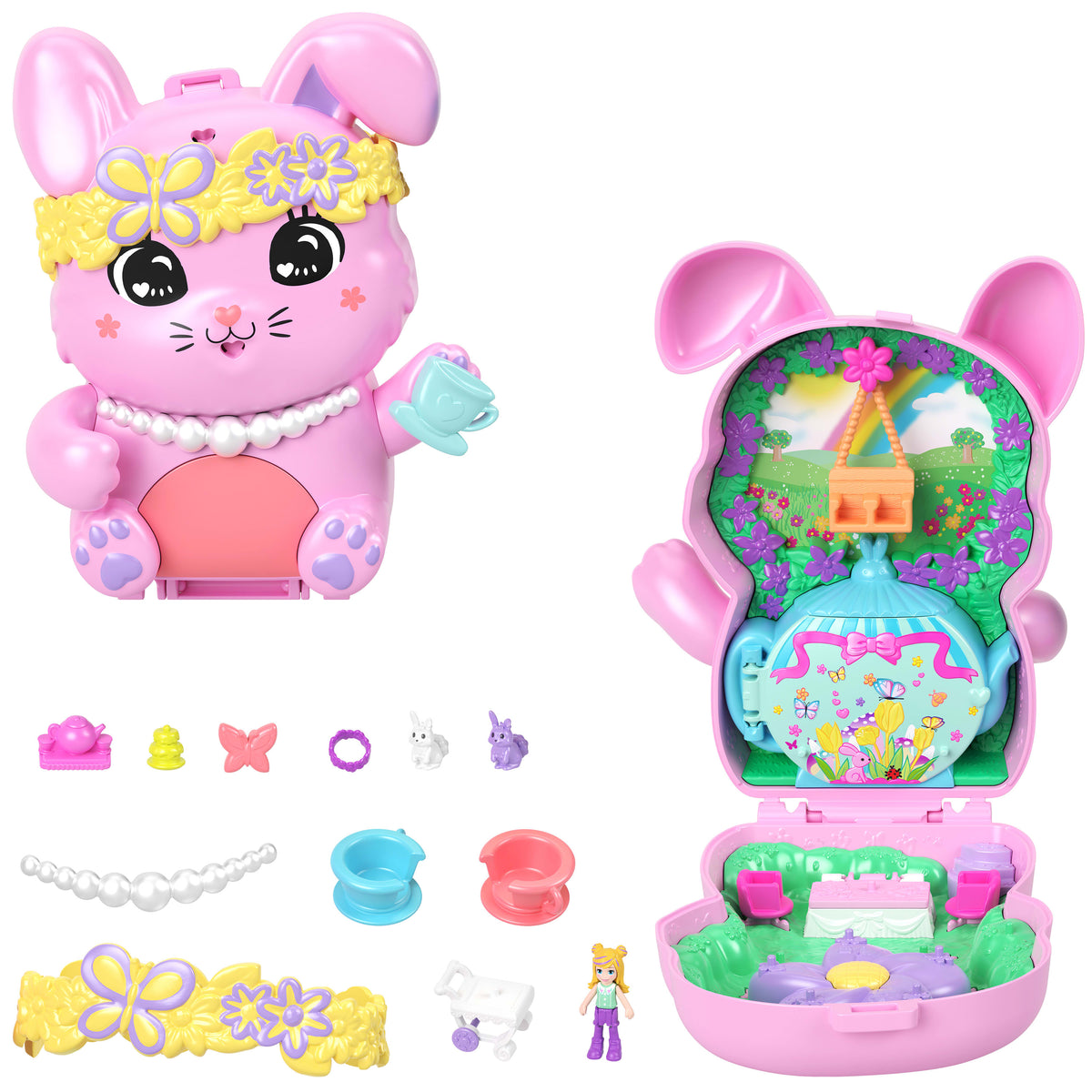 Polly Pocket Tavşancığın Çay Partisi mini oyun seti, 1 mikro bebek ve evcil tavşanlar, stil aksesuarlarının yer aldığı seyahat oyuncağı