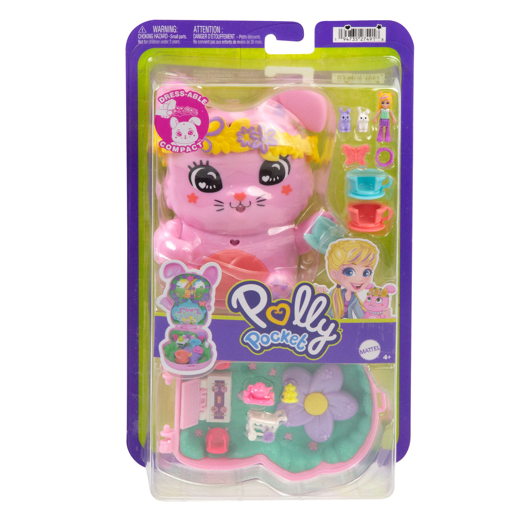 Polly Pocket Tavşancığın Çay Partisi mini oyun seti, 1 mikro bebek ve evcil tavşanlar, stil aksesuarlarının yer aldığı seyahat oyuncağı