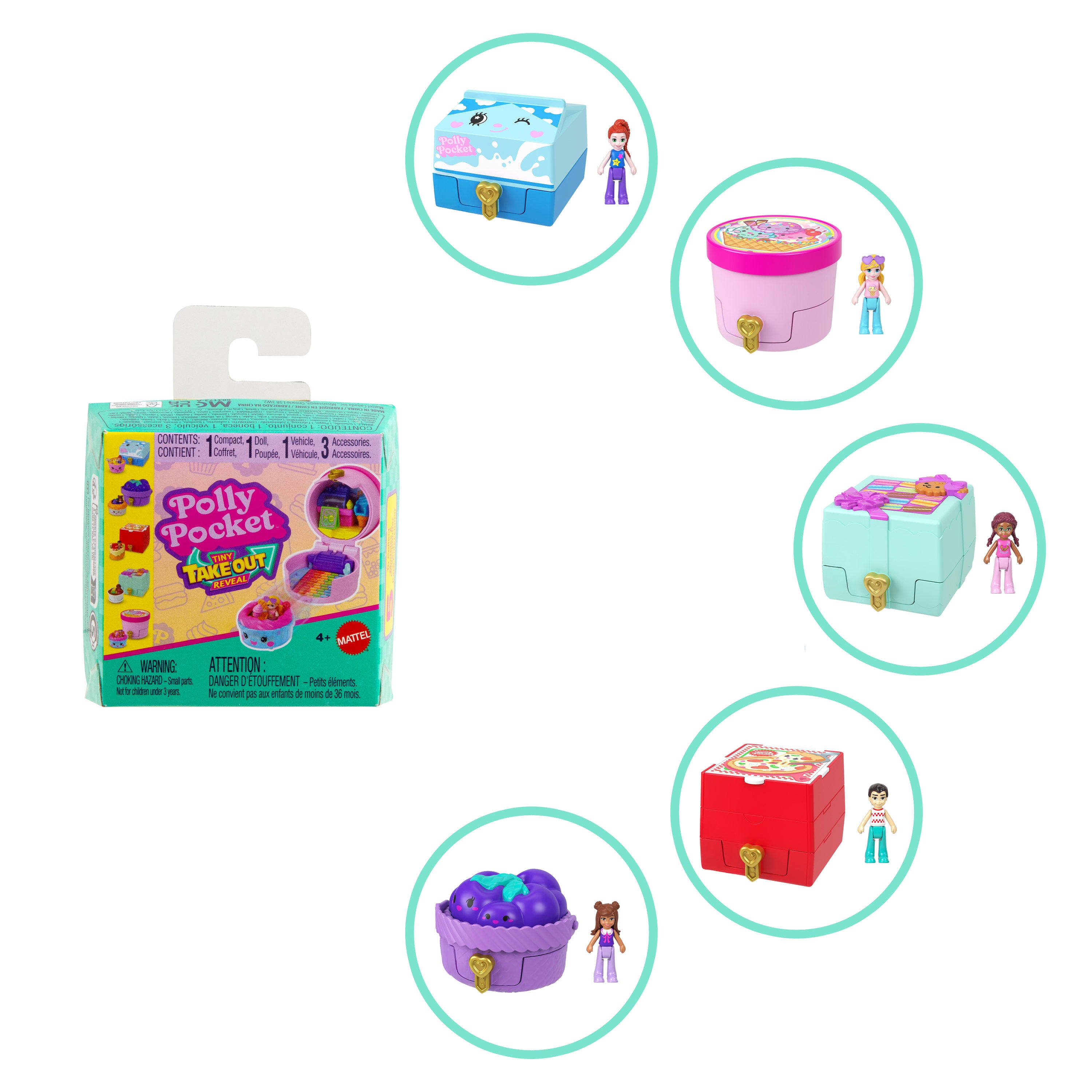 Polly Pocket Mini Sürpriz Paketler Serisi, mikro bebekler ve mini oyun setleri, oyuncak arabalar, yiyecek temalı araç koleksiyonu