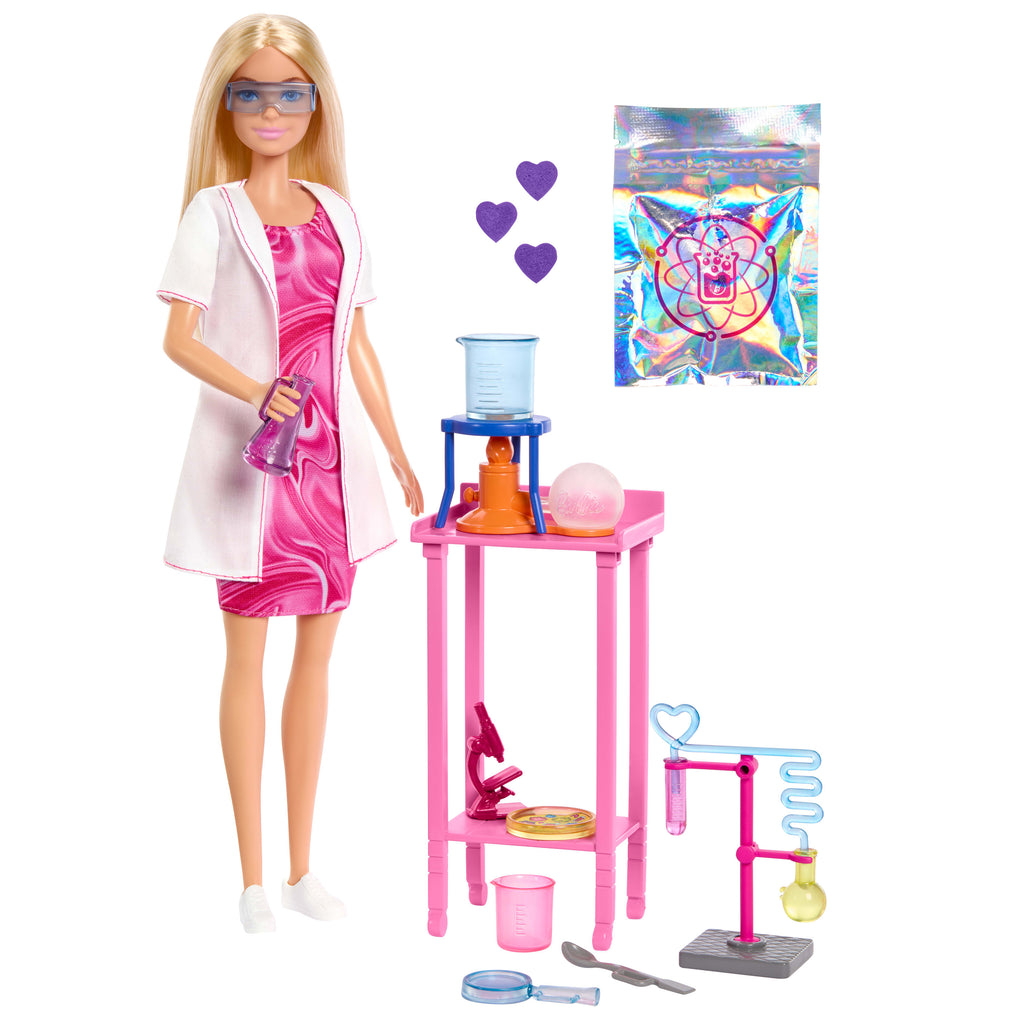 Bilim Uzmanı Barbie ve aksesuarları, laboratuvar masası ve renk değiştiren aksesuarlarıyla sarışın bebek