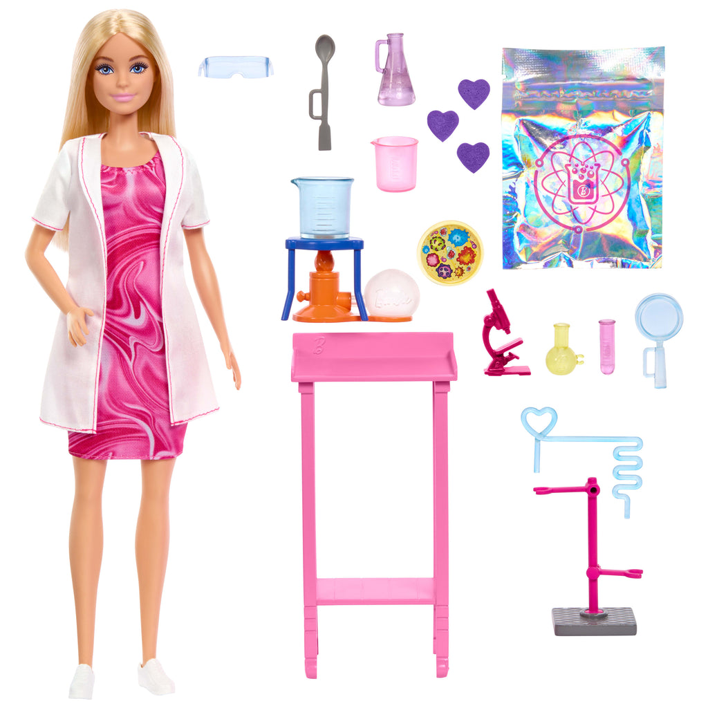 Bilim Uzmanı Barbie ve aksesuarları, laboratuvar masası ve renk değiştiren aksesuarlarıyla sarışın bebek