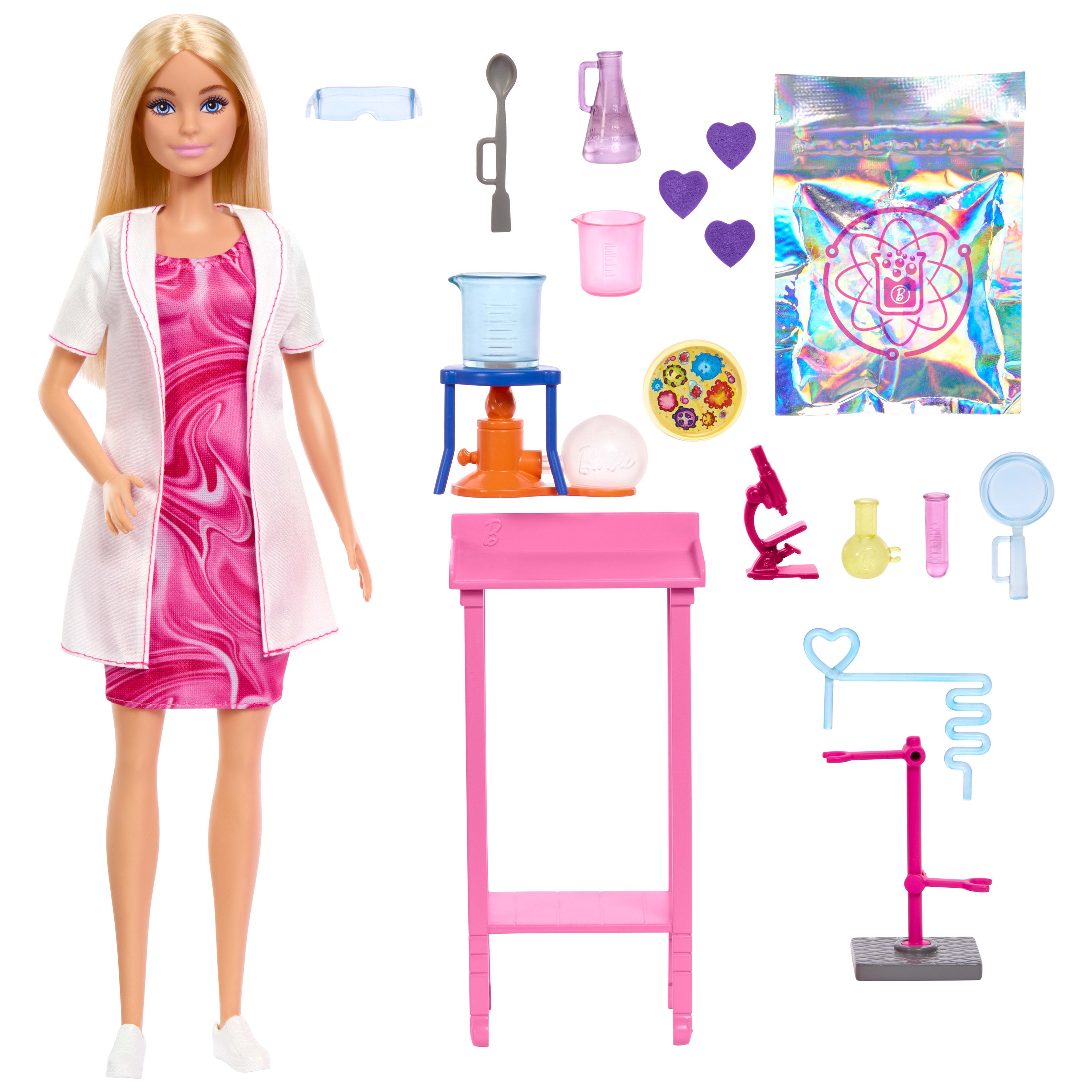 Bilim Uzmanı Barbie ve aksesuarları, laboratuvar masası ve renk değiştiren aksesuarlarıyla sarışın bebek