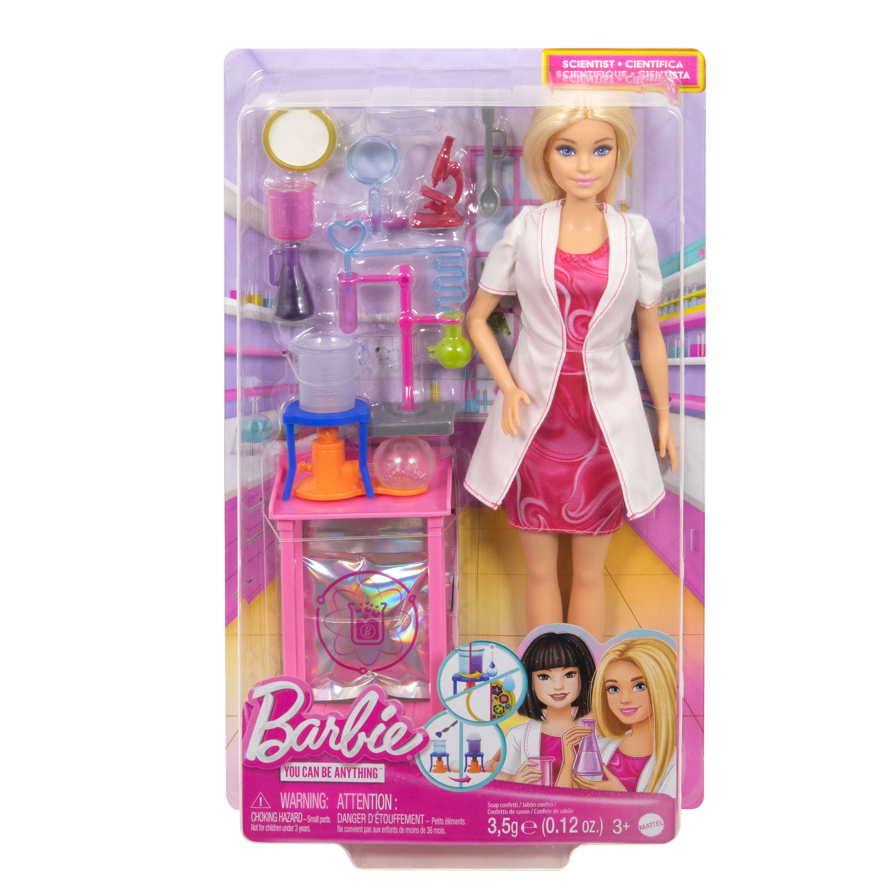 Bilim Uzmanı Barbie ve aksesuarları, laboratuvar masası ve renk değiştiren aksesuarlarıyla sarışın bebek